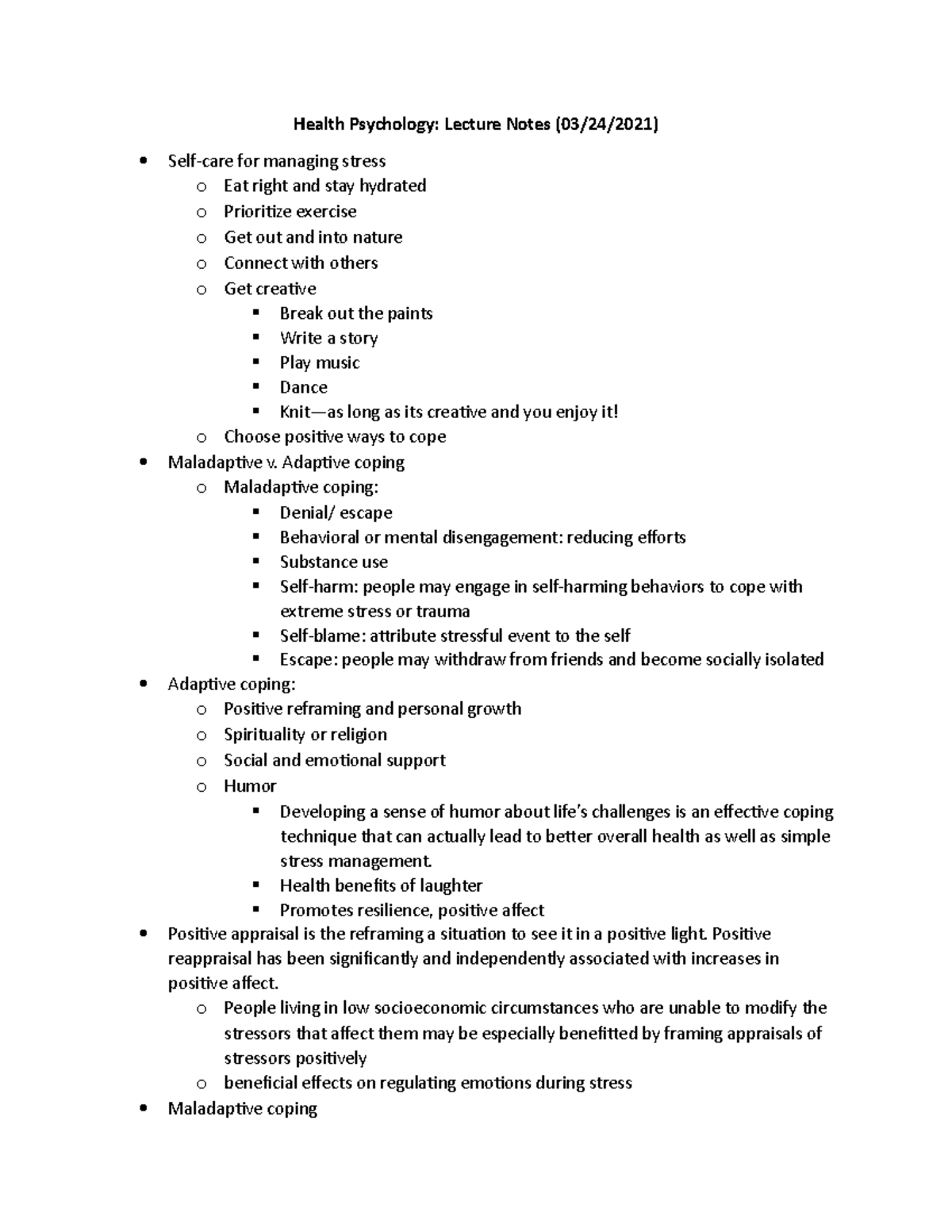 Lectures 11 and 12 - Health Psychology: Lecture Notes (03/24/2021) Self ...