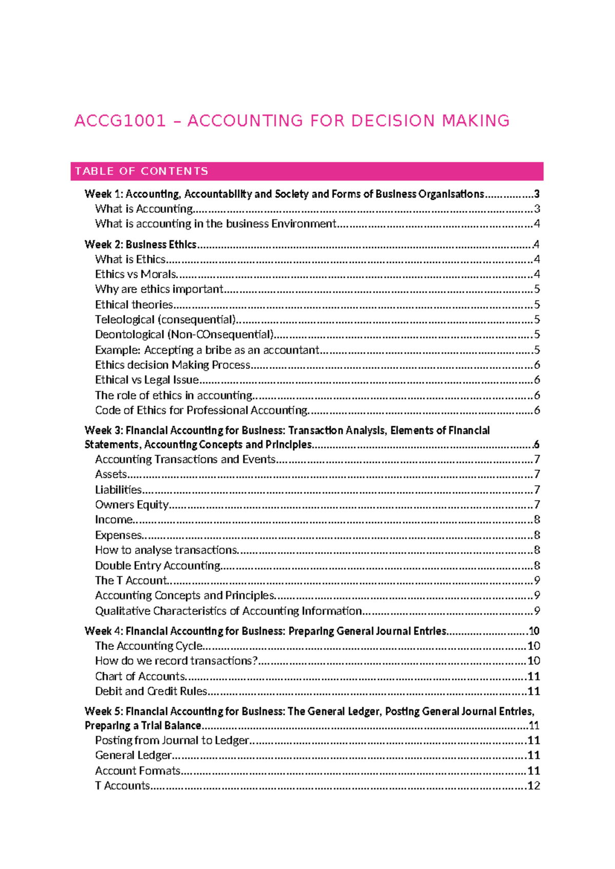 ACCG1001 - Study Notes - ACCG1001 – ACCOUNTING FOR DECISION MAKING Week ...