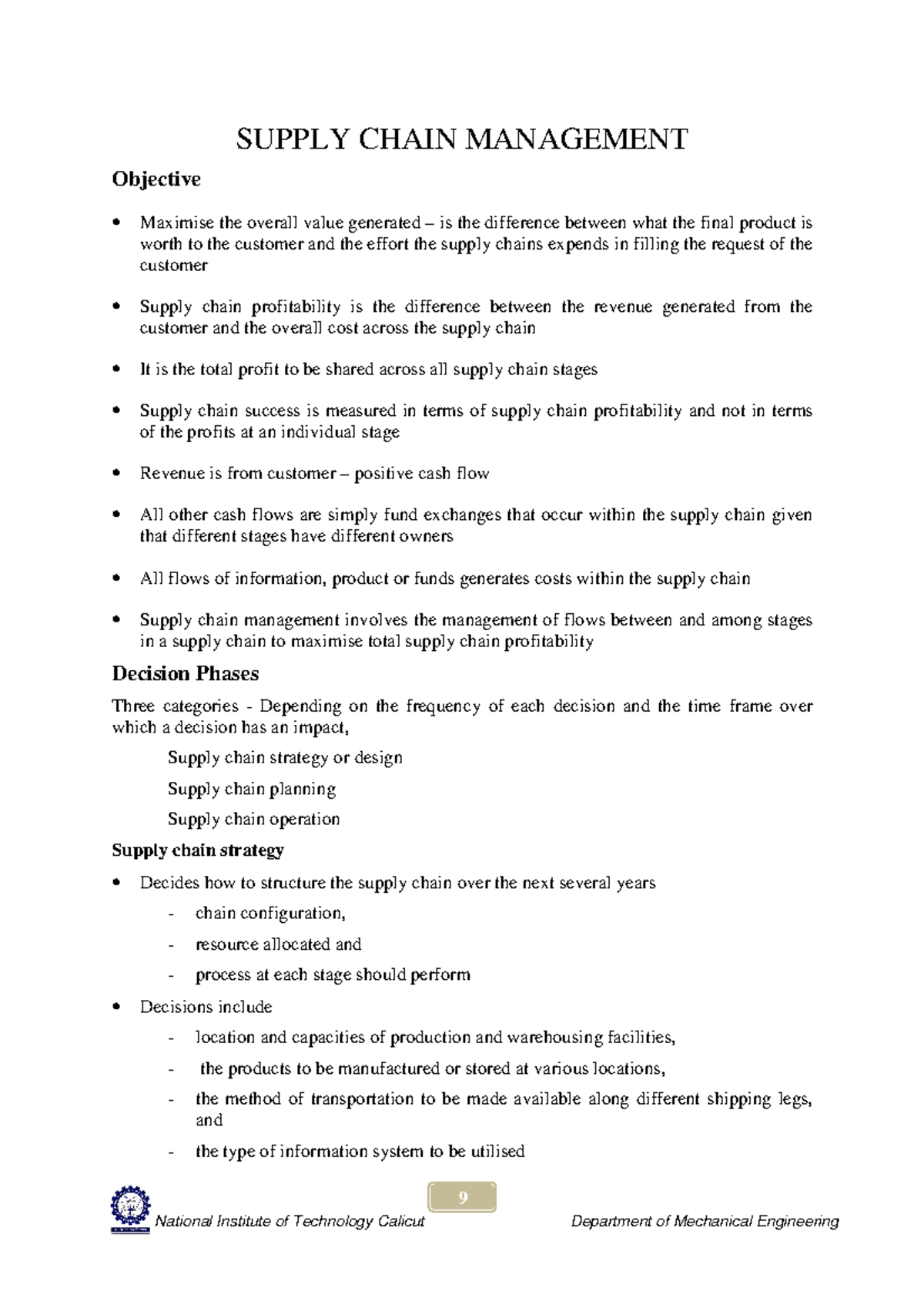 Supply Chain Management - Note - 9 SUPPLY CHAIN MANAGEMENT Objective ...