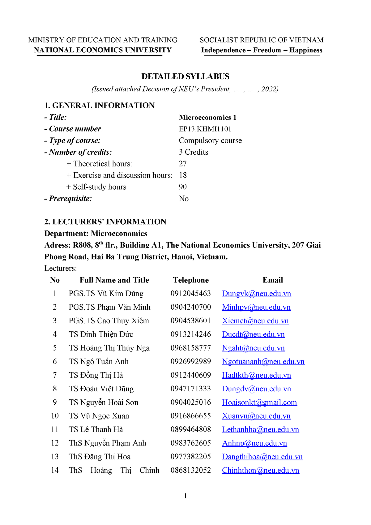 Syllabus Microeconomics 1 - MINISTRY OF EDUCATION AND TRAINING NATIONAL ...