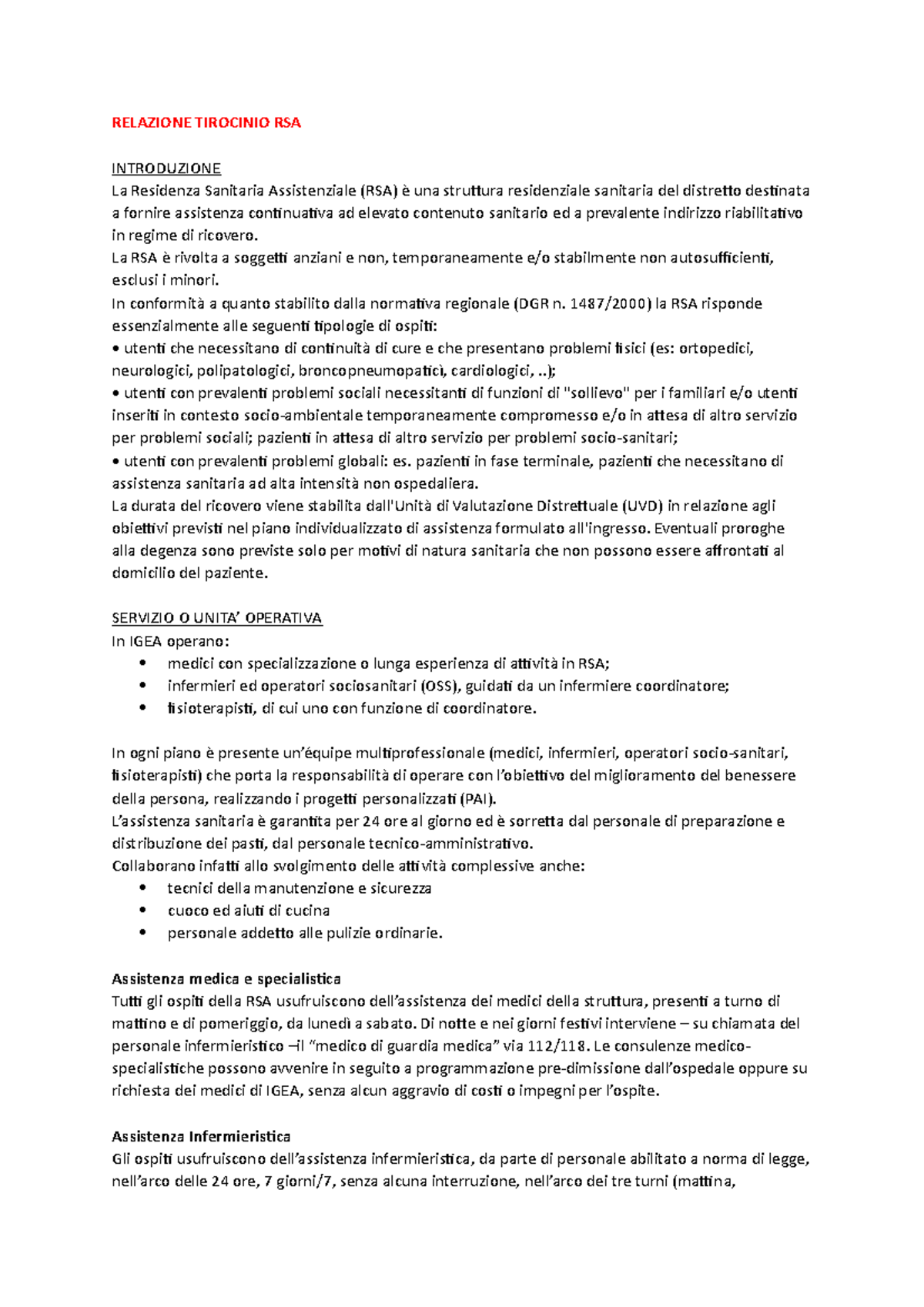 Rsa - Appunti - RELAZIONE TIROCINIO RSA INTRODUZIONE La Residenza ...