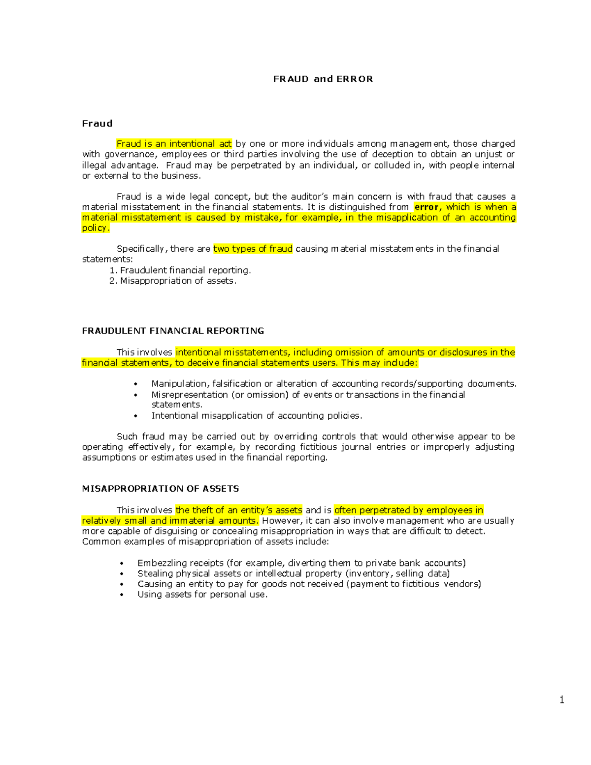 Fraud and Error lecturenotes - FRAUD and ERROR Fraud Fraud is an ...