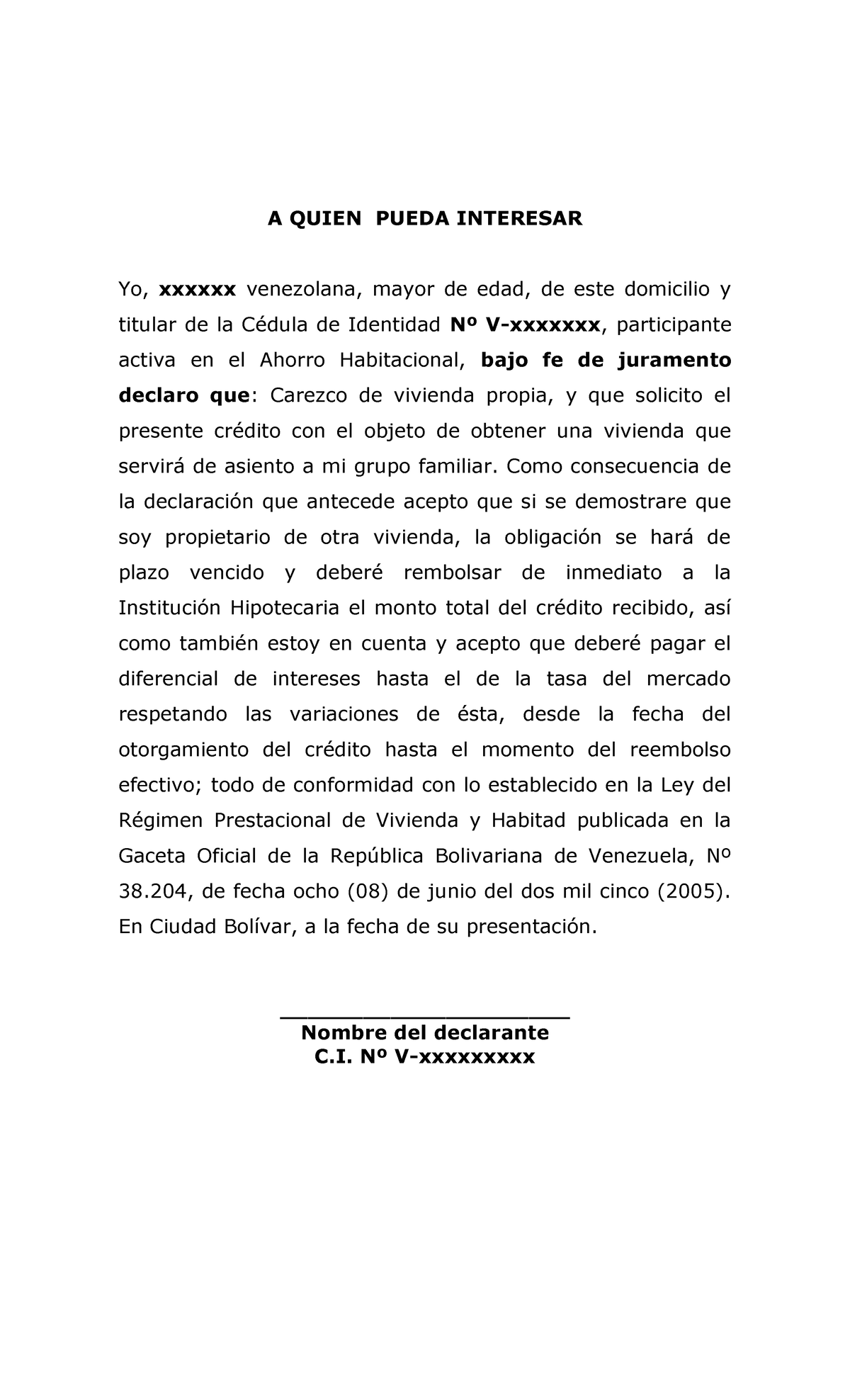 695 Declaraci¢n Jurada De No Poseer Vivienda - A QUIEN PUEDA INTERESAR ...