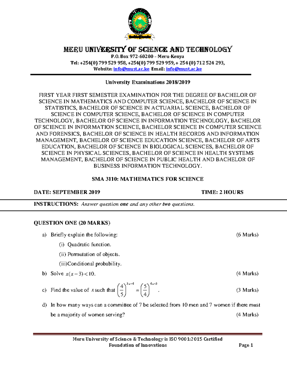 SMA 3110 Mathematics FOR Science - Meru University of Science ...