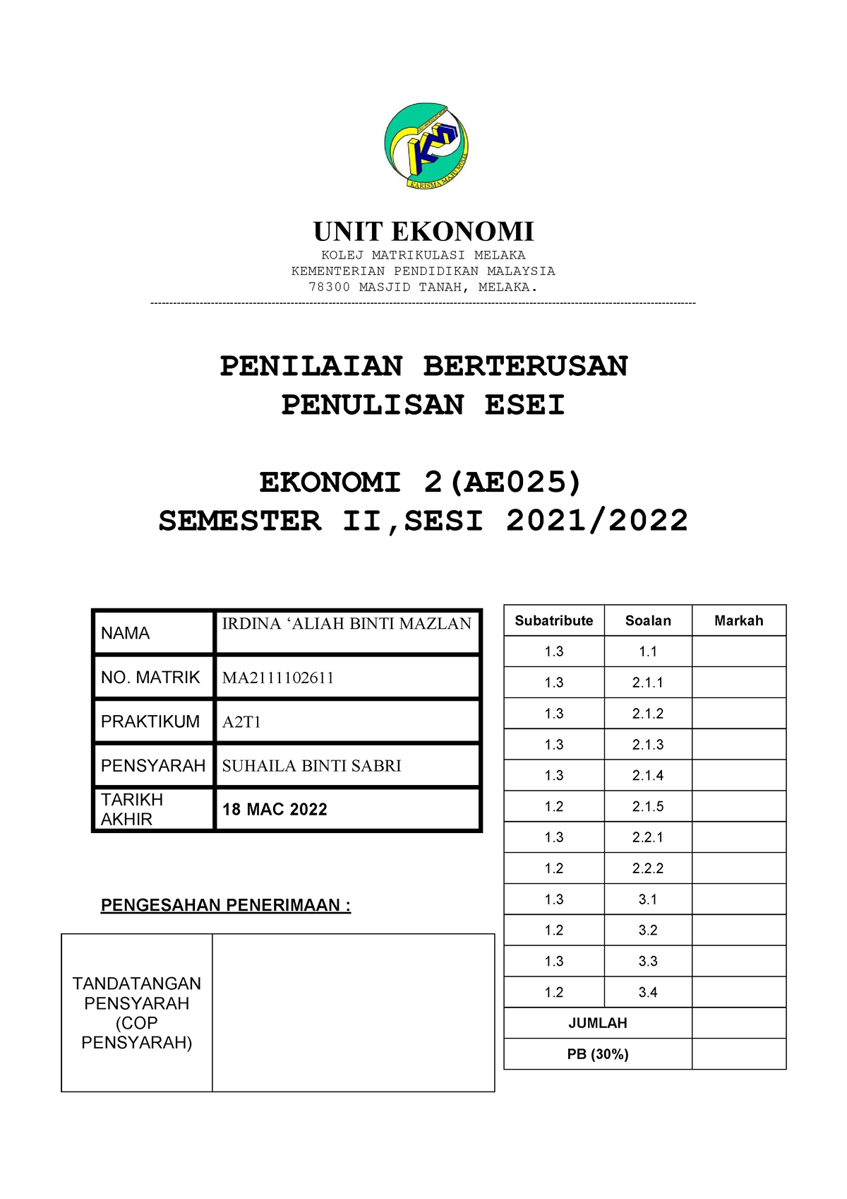 contoh assignment ekonomi matrikulasi sem 1