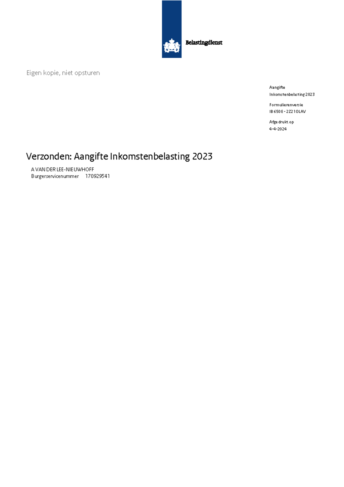 Aangifte Inkomstenbelasting 2023 04-04-2024 22 - Eigen Kopie, Niet ...