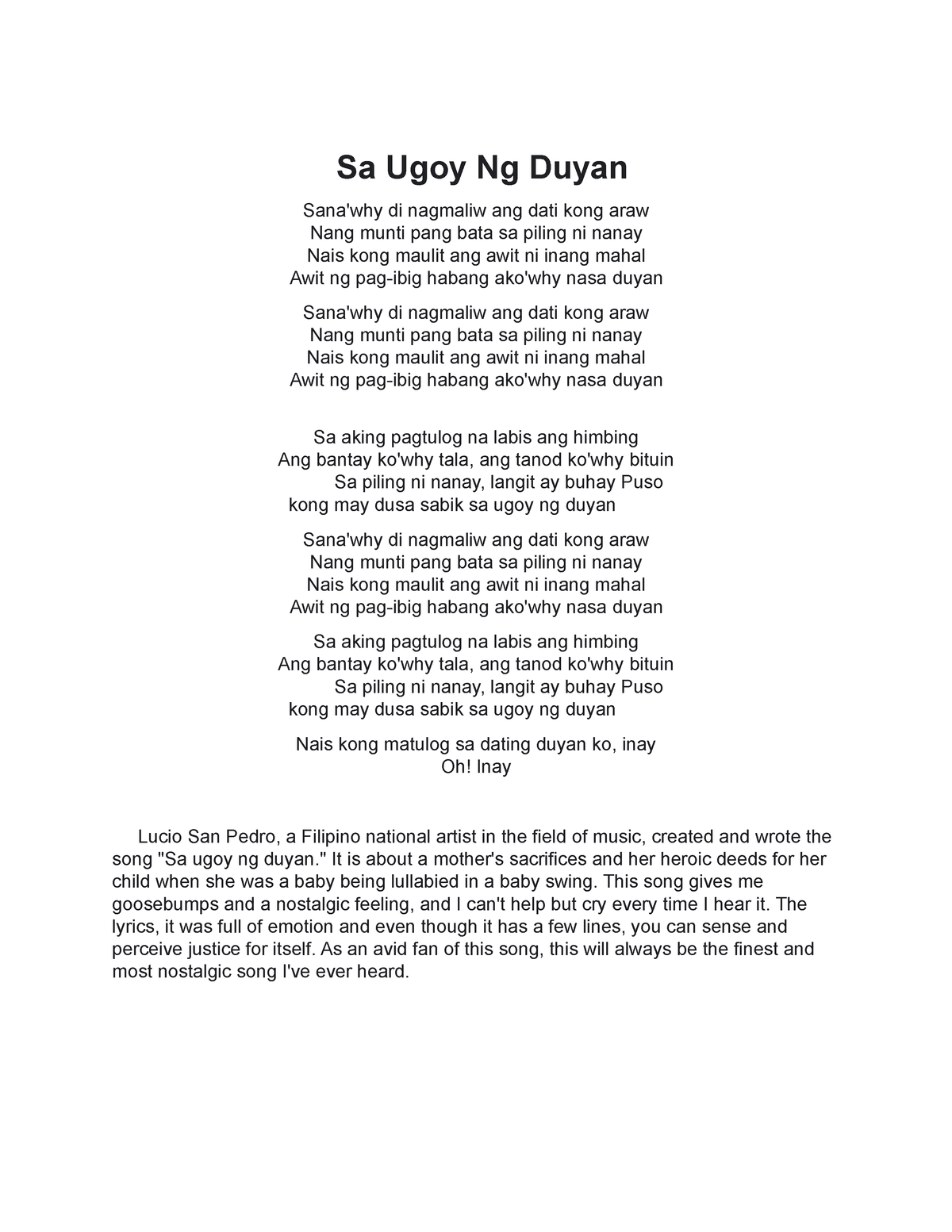 Sa Ugoy Ng Duyan Song Reflection - Sa Ugoy Ng Duyan Sana'why Di ...