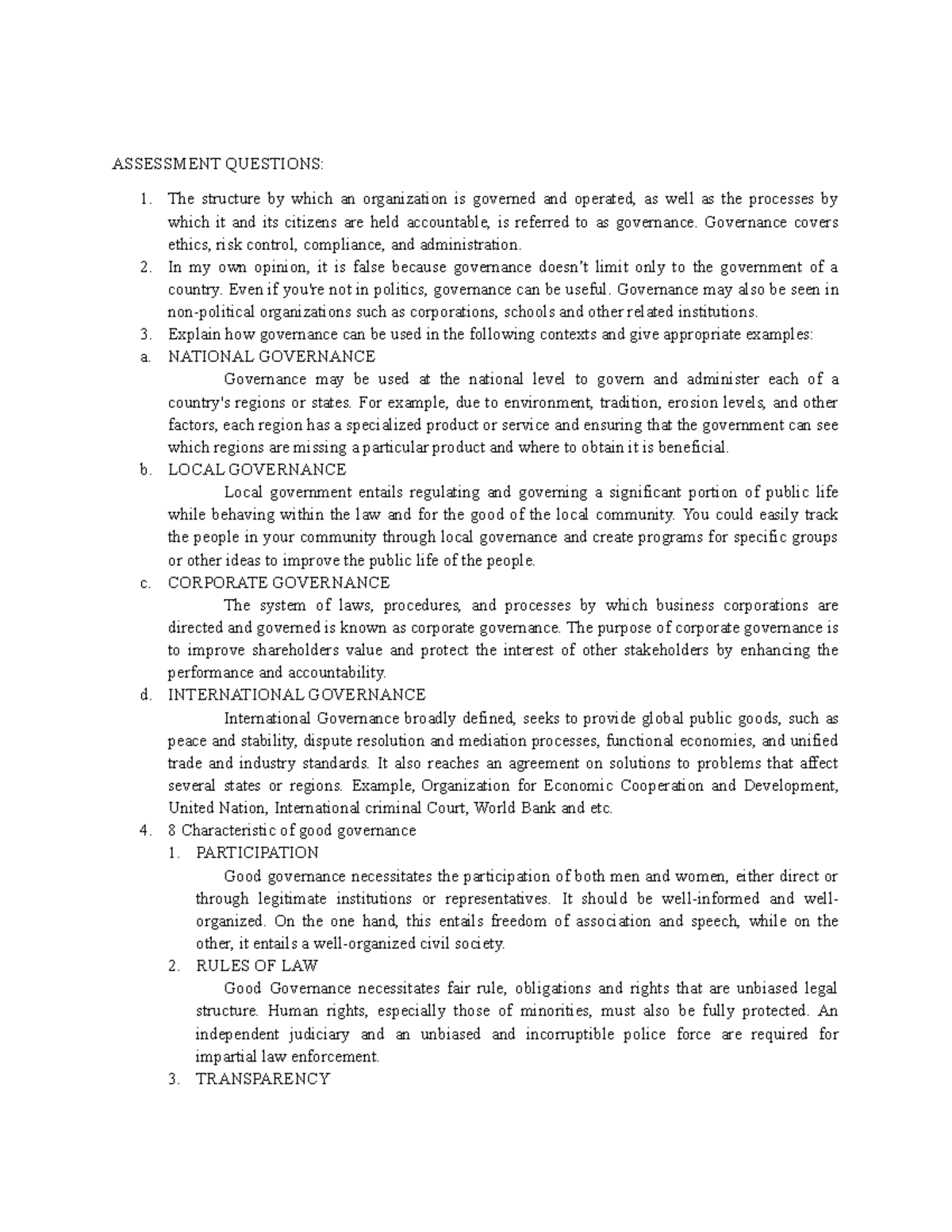 Governance Module 1: Corporate Governance Assessment questions ...