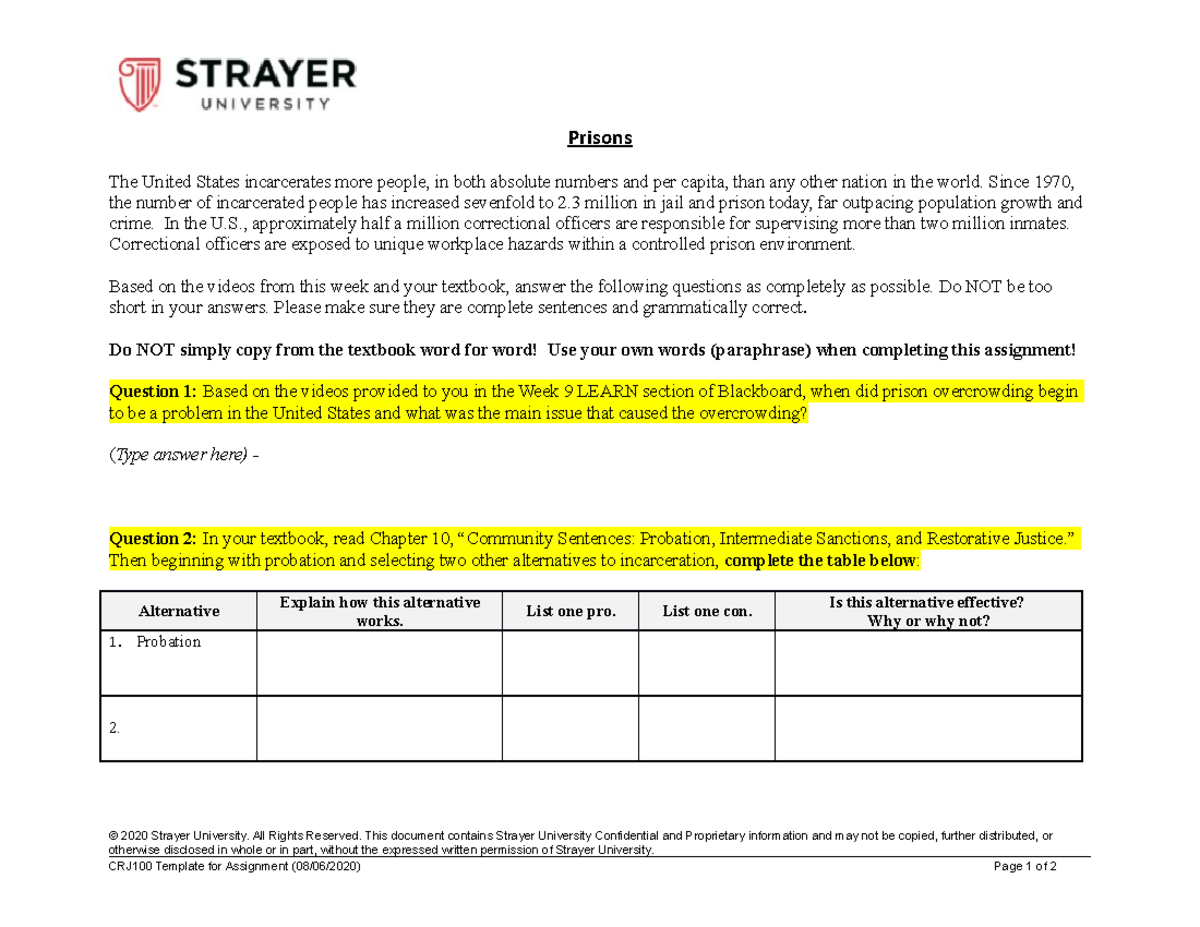 Cf prisons assignment template - Prisons The United States incarcerates ...