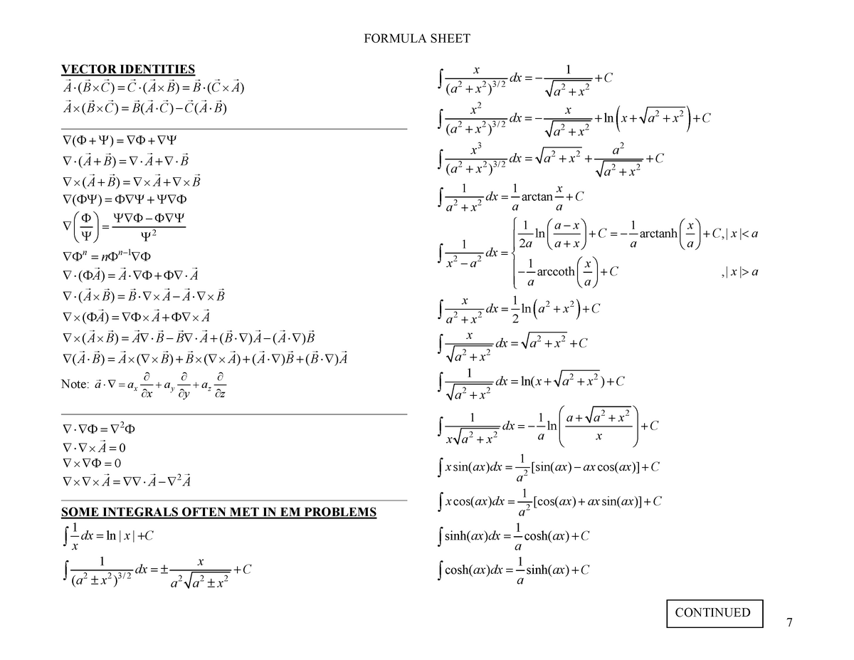 Formulas - VECTOR IDENTITIES A⋅× =⋅×=⋅×()()()BC CAB BCA GGGGGG GGG A×× ...