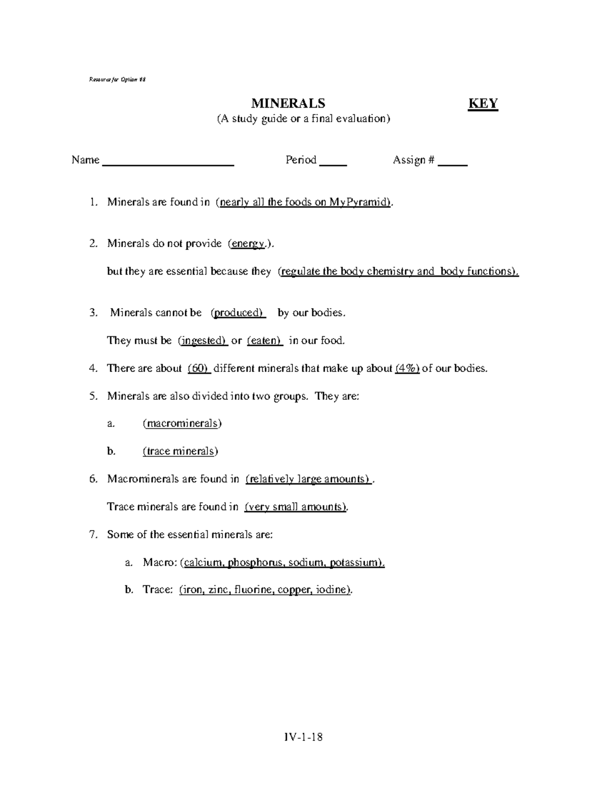 Minerals Key Iv 1 Resource For Option Minerals Key A Study