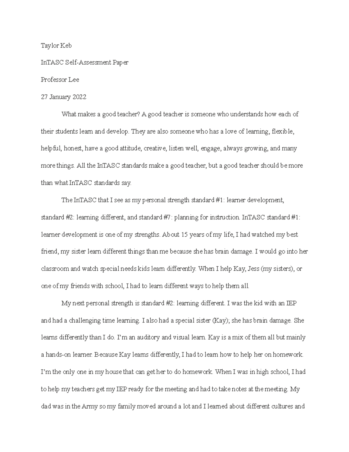 In TASC Self Assessment Paper - Taylor Keb InTASC Self-Assessment Paper ...