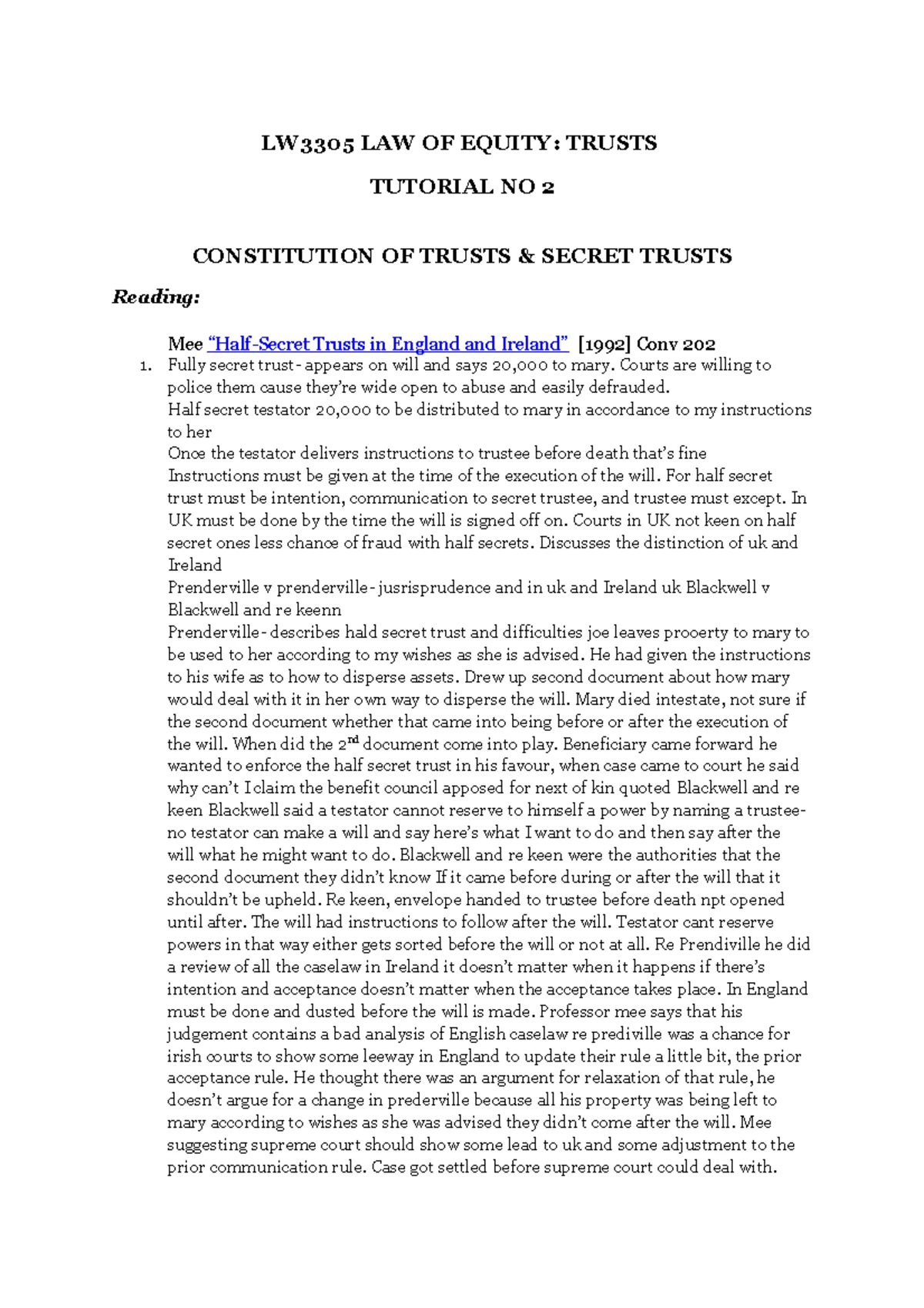 Equity tutorial notes - LW3305 LAW OF EQUITY: TRUSTS TUTORIAL NO 2 ...