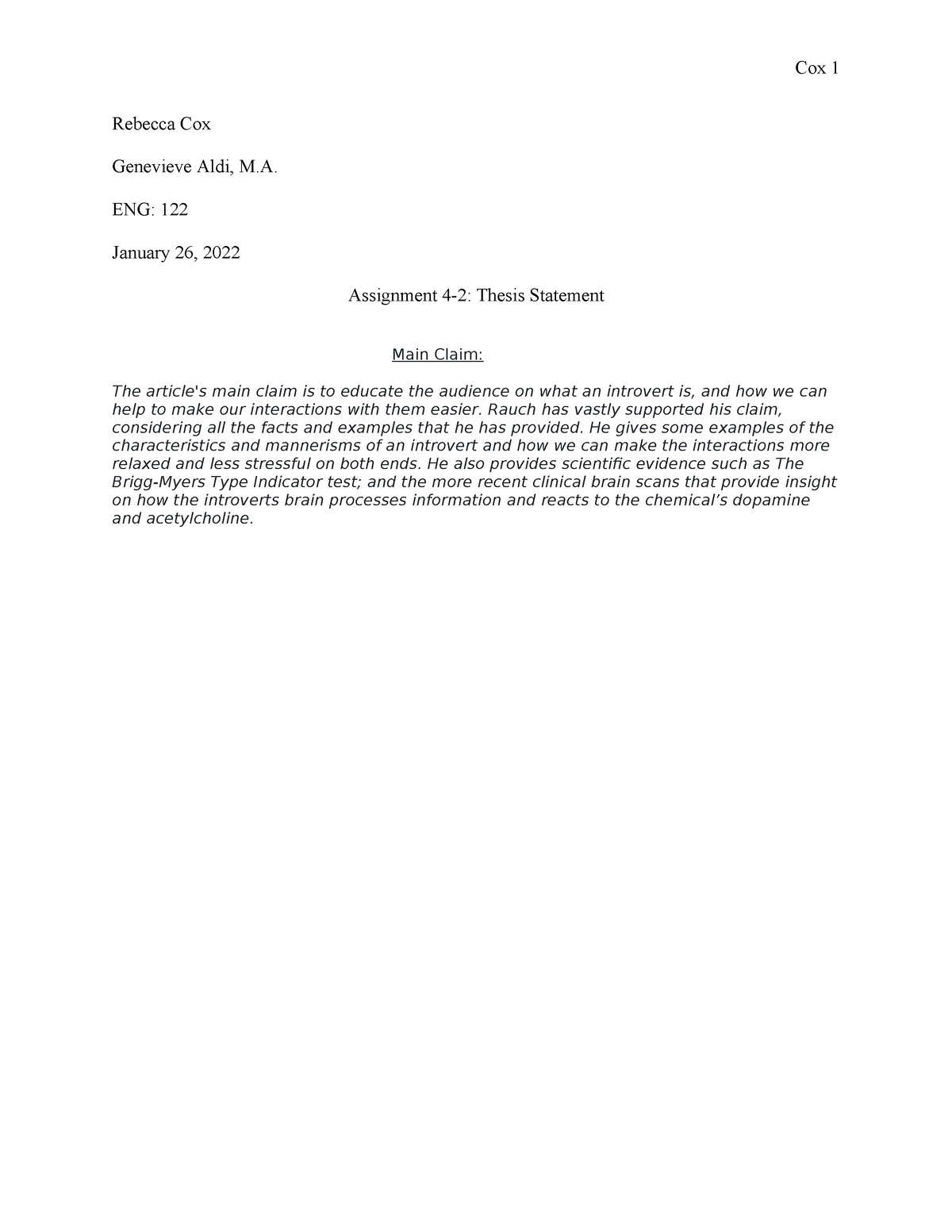 Thesis Statement 4-2 - essay - Cox 1 Rebecca Cox Genevieve Aldi, M. ENG ...