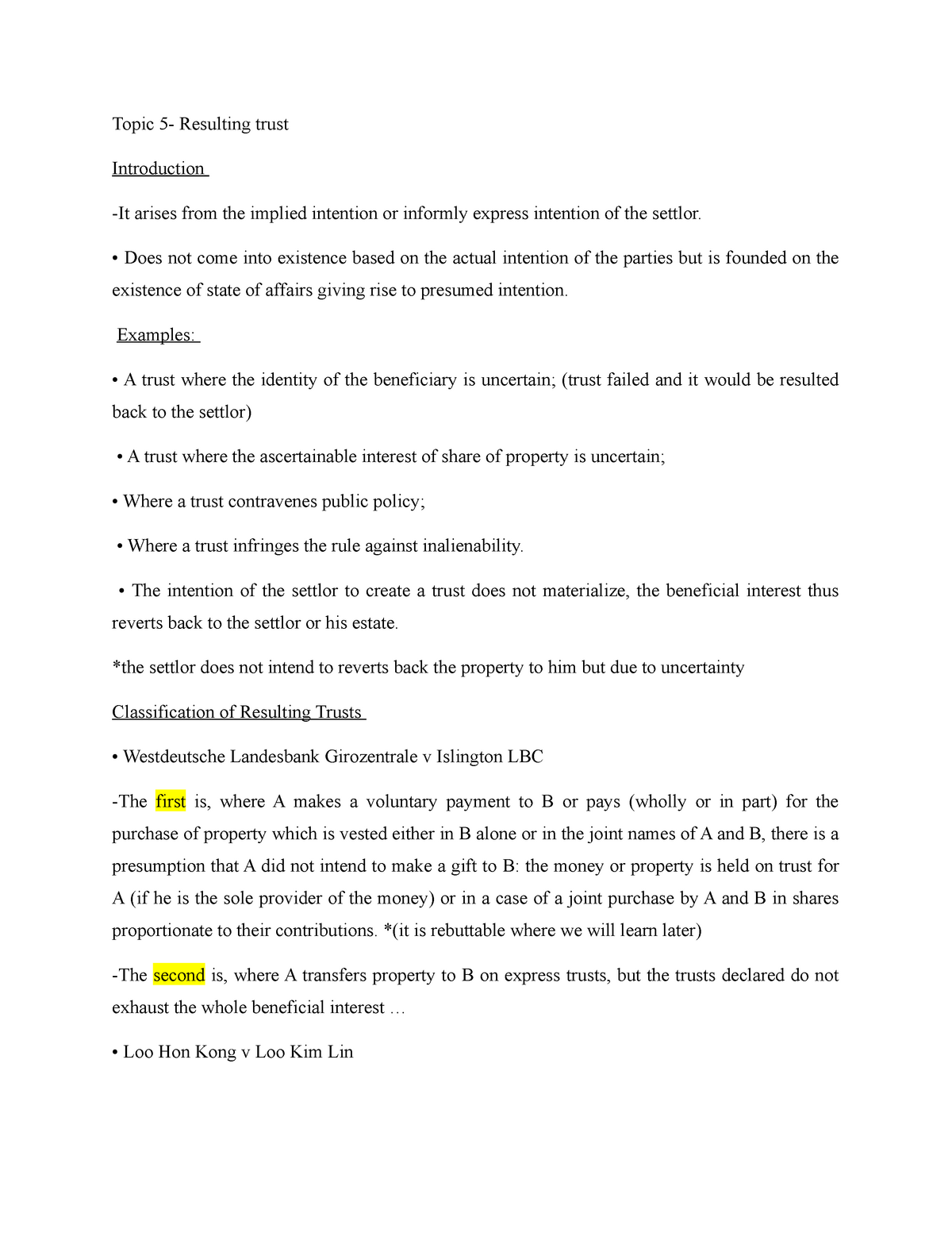 Equity & Trust I- Topic 5 - Topic 5- Resulting Trust Introduction -It ...