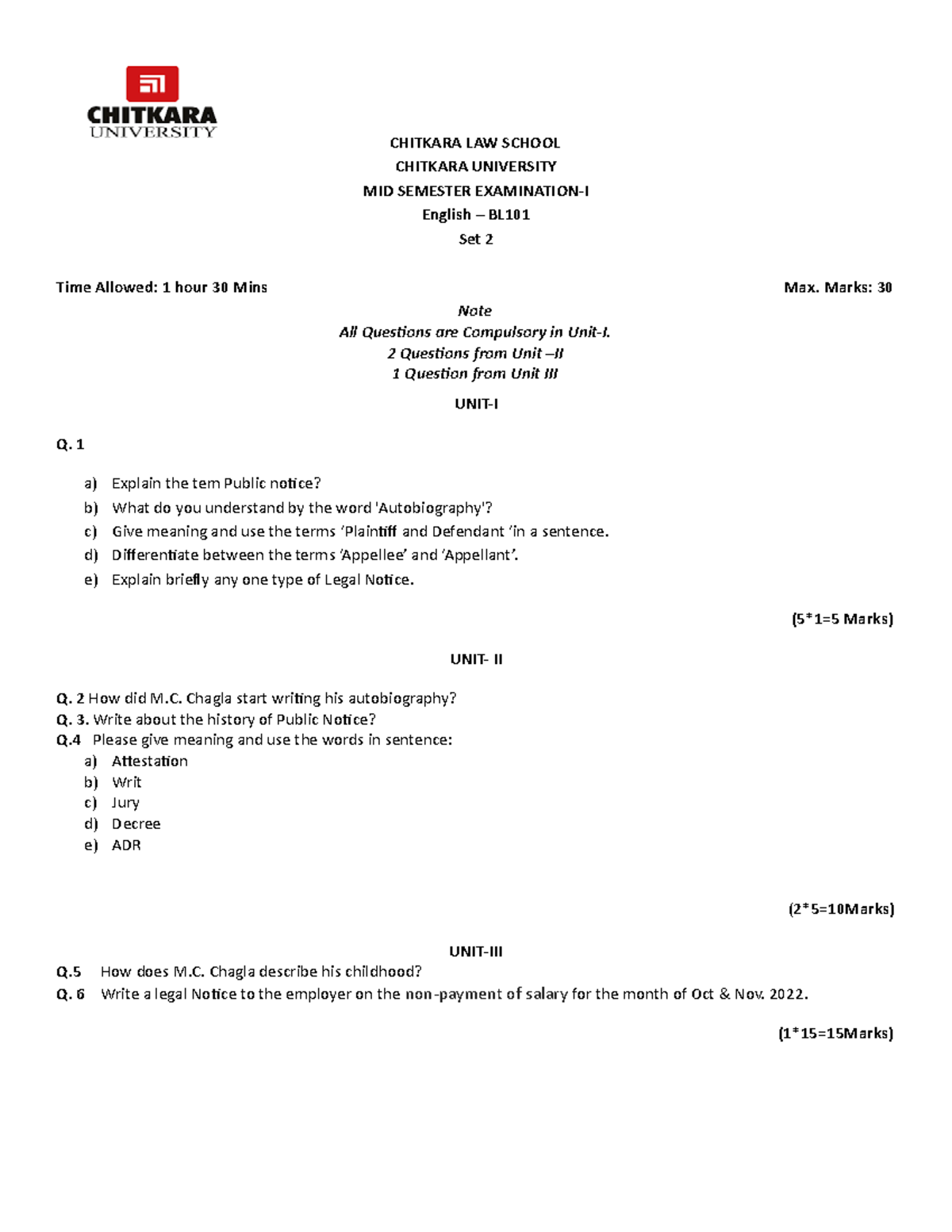 English - CL101 - CHITKARA LAW SCHOOL CHITKARA UNIVERSITY MID SEMESTER ...