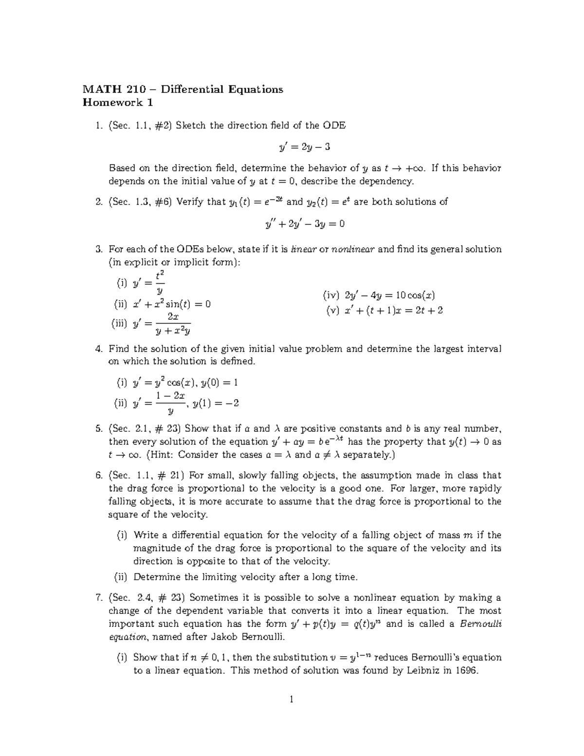 HW 01 - HW 1 - MATH 210 – Differential Equations Homework 1 (Sec. 1, #2 ...