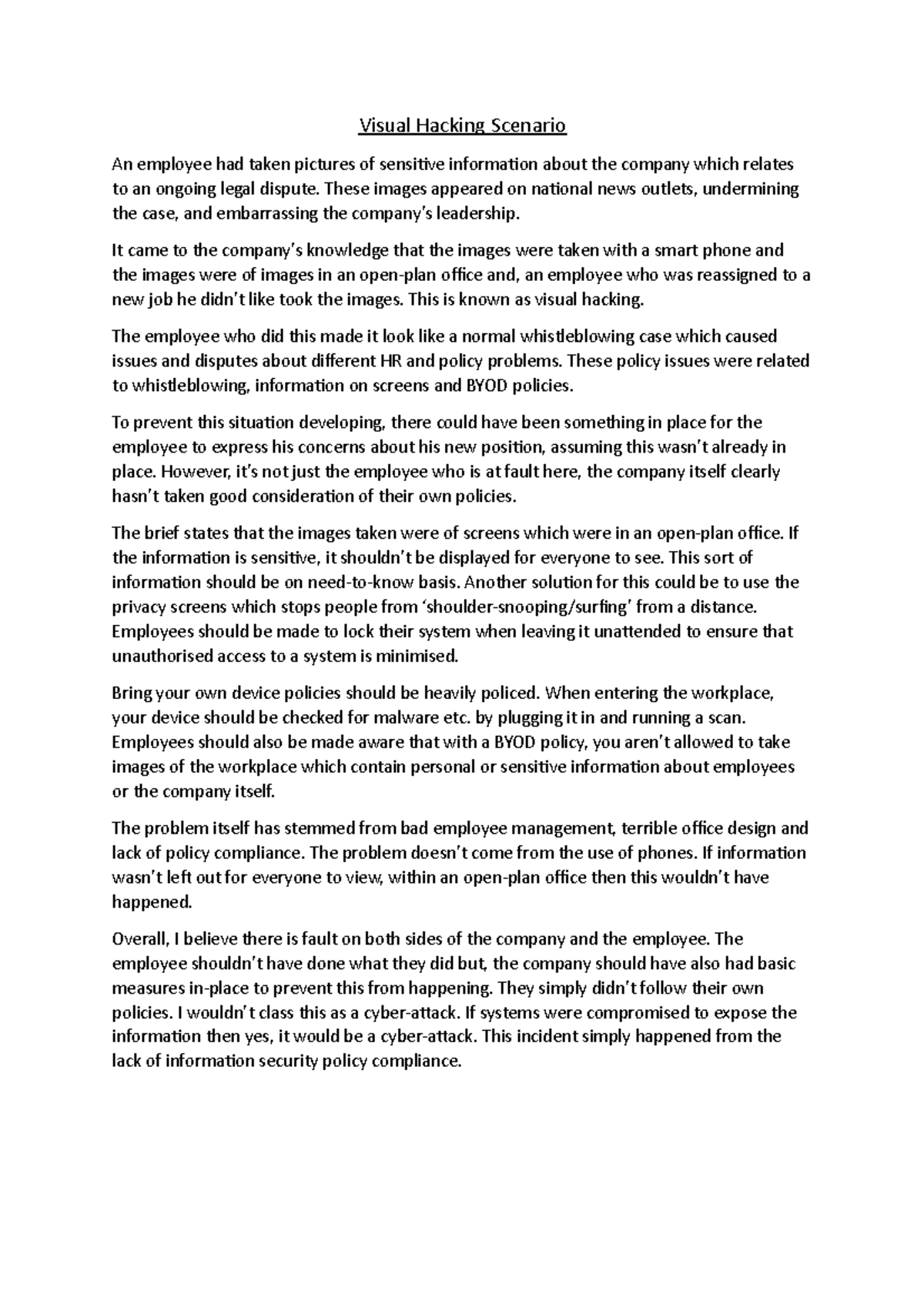 Visual Hacking Post-sessional - Visual Hacking Scenario An employee had ...