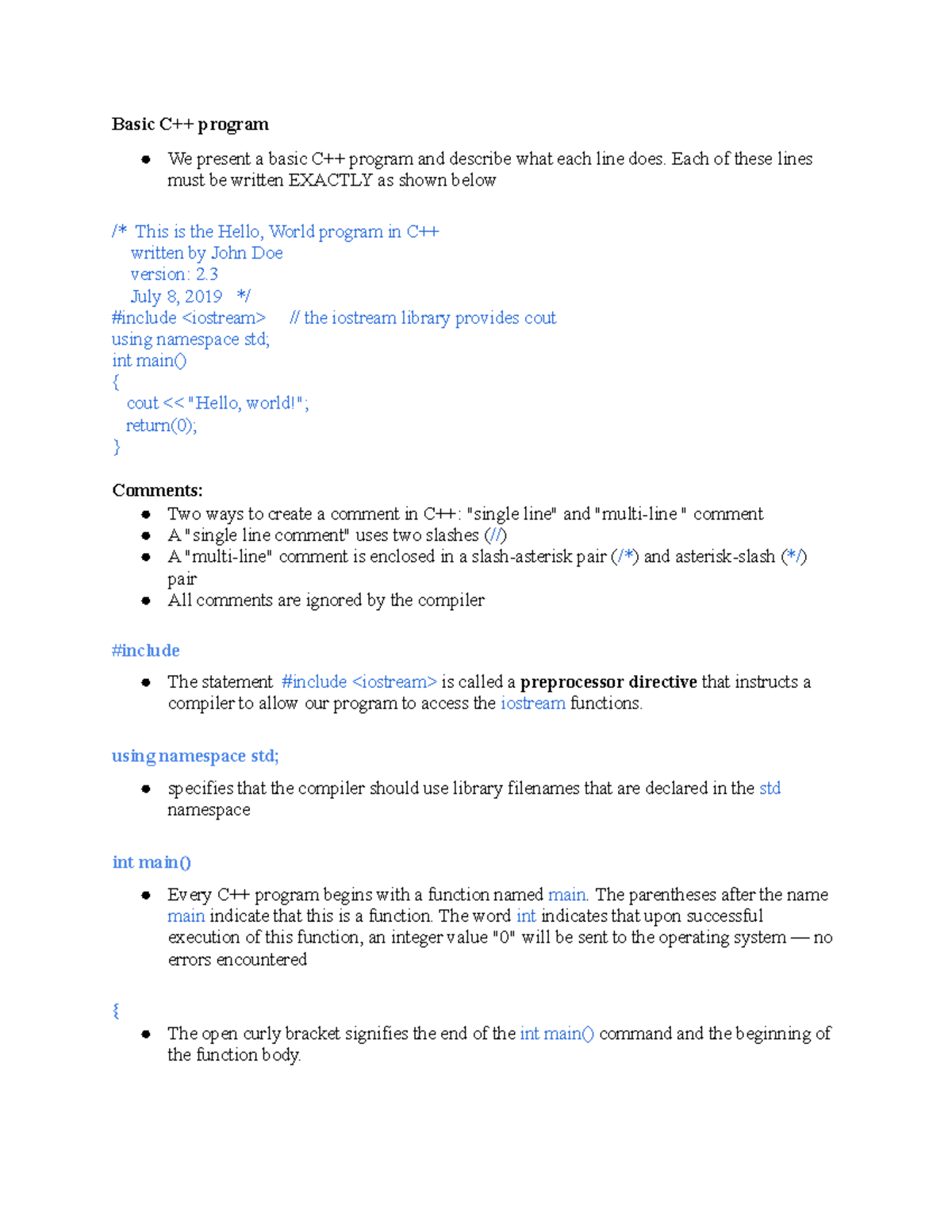 C++ Notes - Basic C++ program We present a basic C++ program and ...