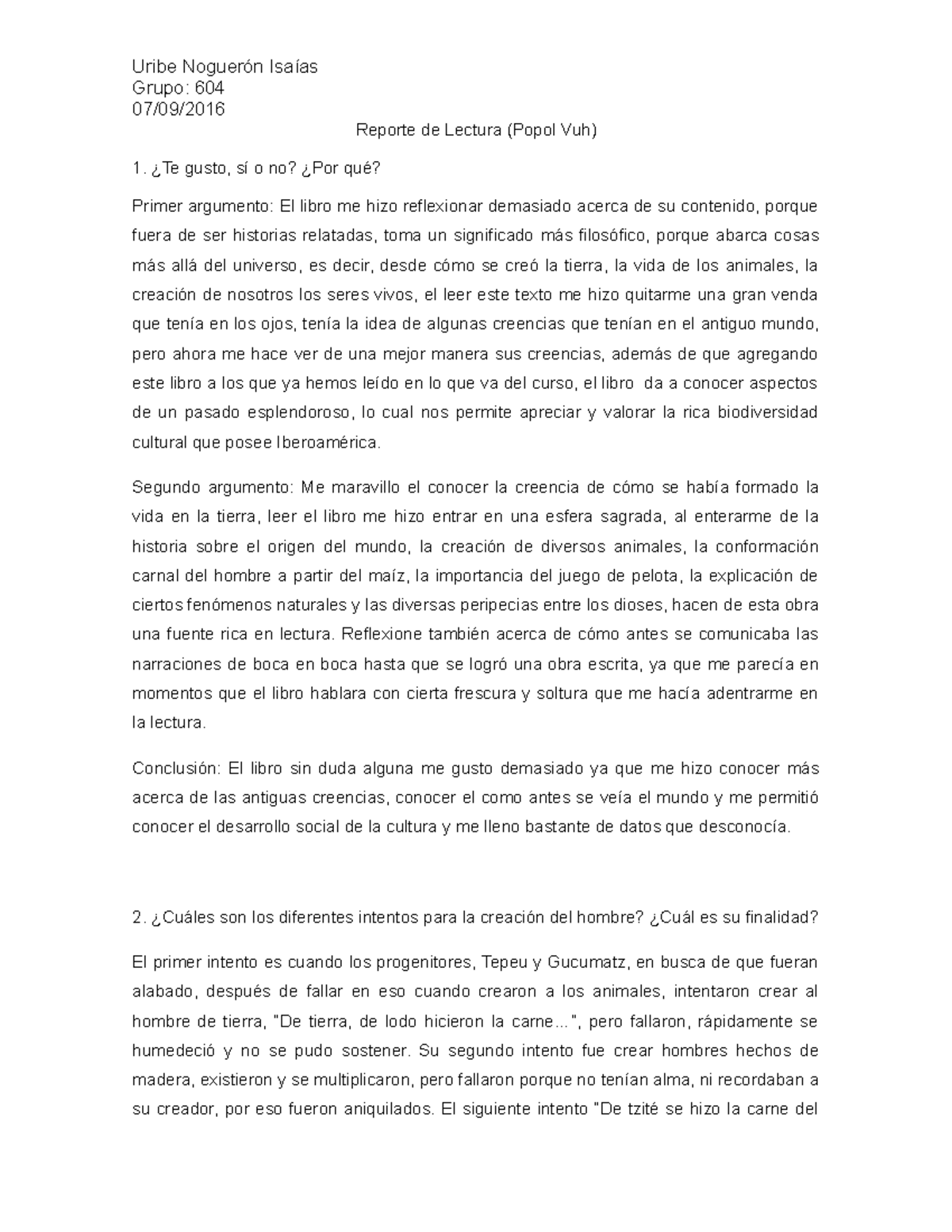 Reporte De Lectura Popol Vuh Literatura Universal 1516 Unam Studocu