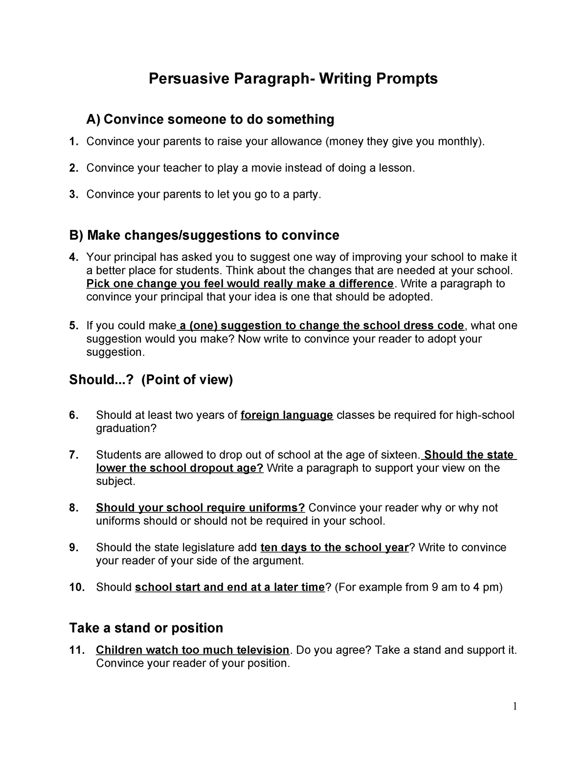 Copy of Persuasive Writing Prompts - Persuasive Paragraph- Writing ...