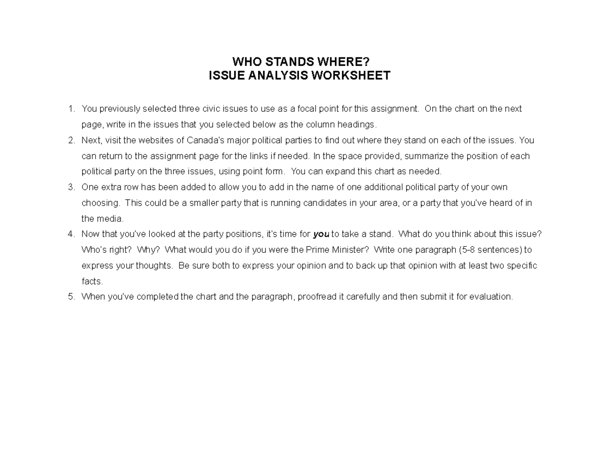 U2L7A1 - Work - WHO STANDS WHERE? ISSUE ANALYSIS WORKSHEET You ...