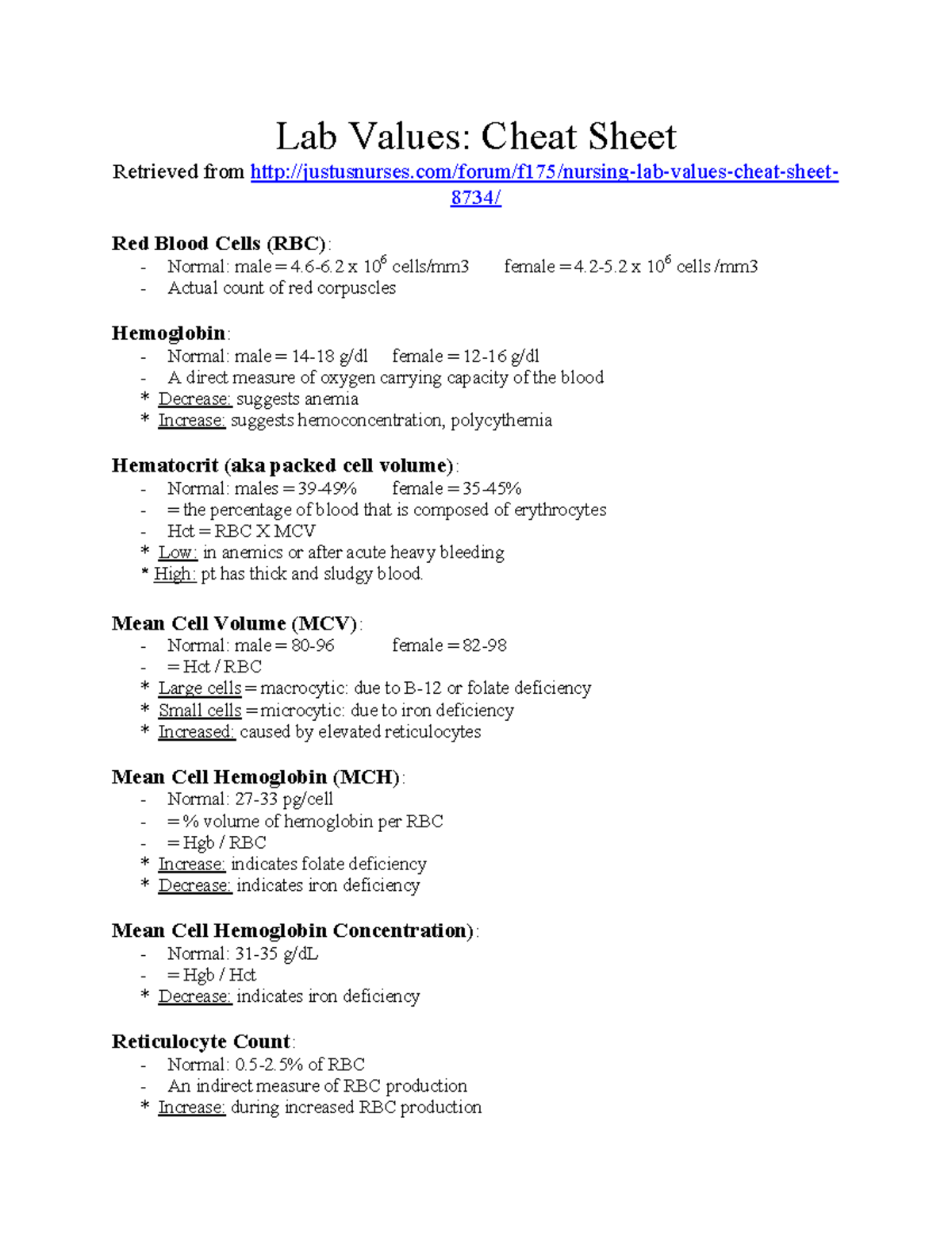 Lab values cheat sheet - Lab Values: Cheat Sheet Retrieved from - Studocu