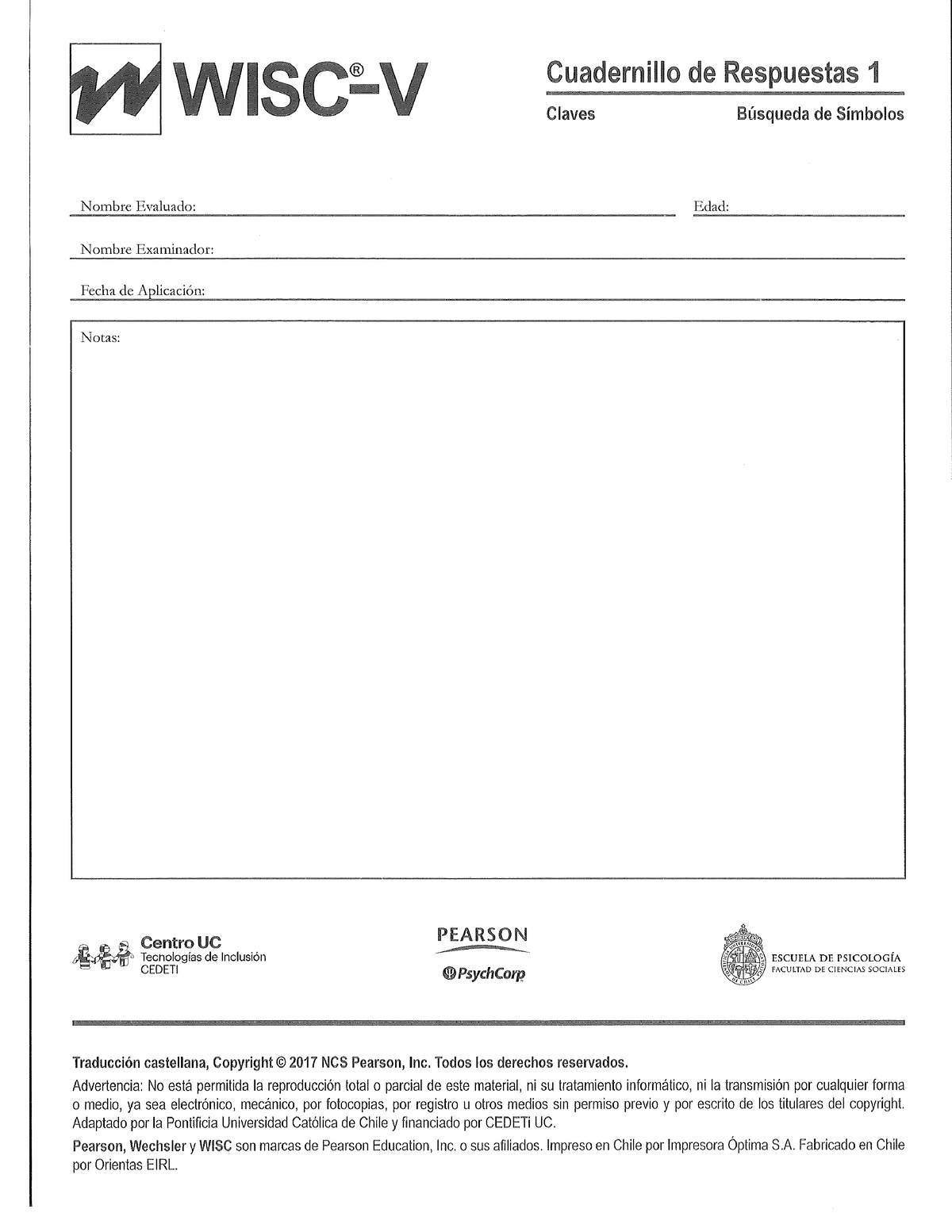 WISC V Cuadernillo Claves Y Busqueda DE Simbolos - Psicología Clínica I ...