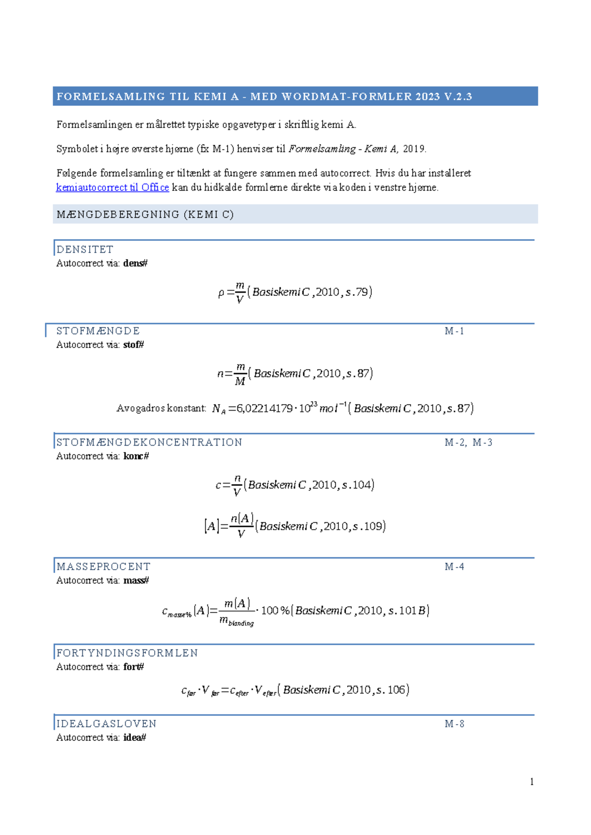 Formelsamling Kemi - FORMELSAMLING TIL KEMI A - MED WORDMAT-FORMLER ...