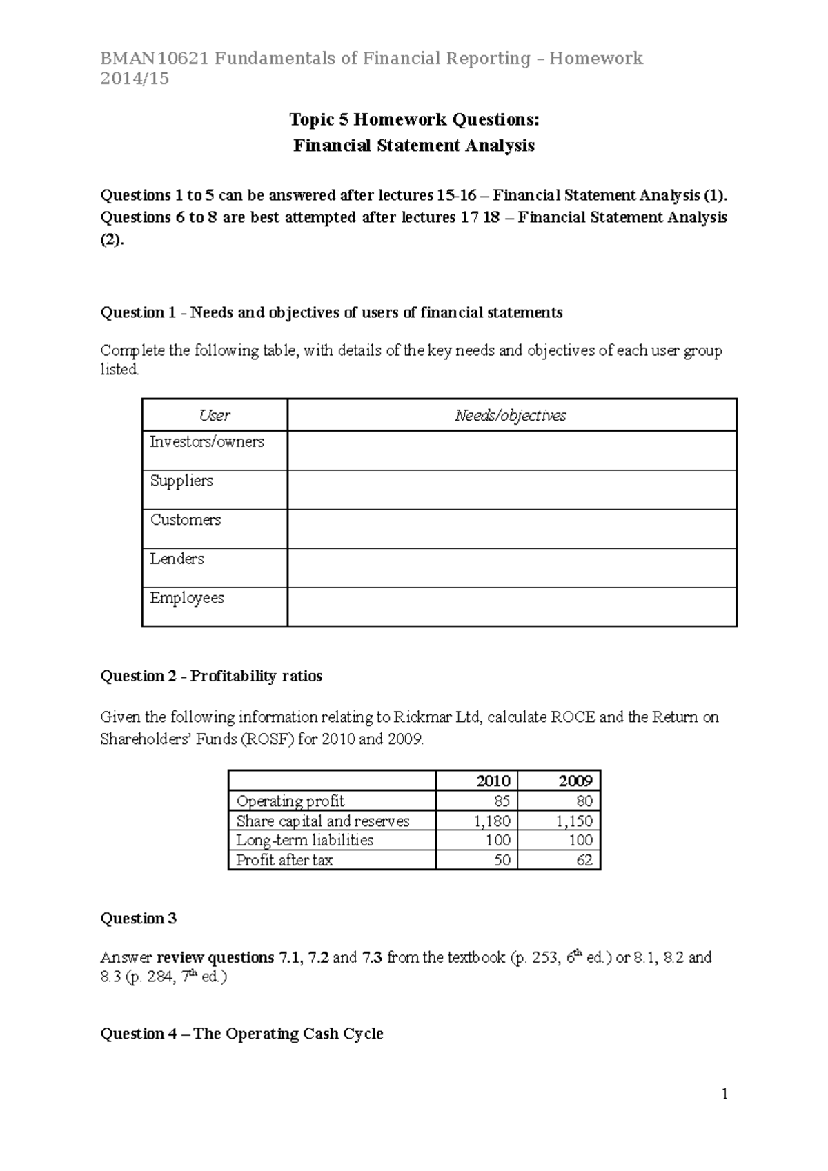 Topic 5 Homework questions - BMAN10621 Fundamentals of Financial ...