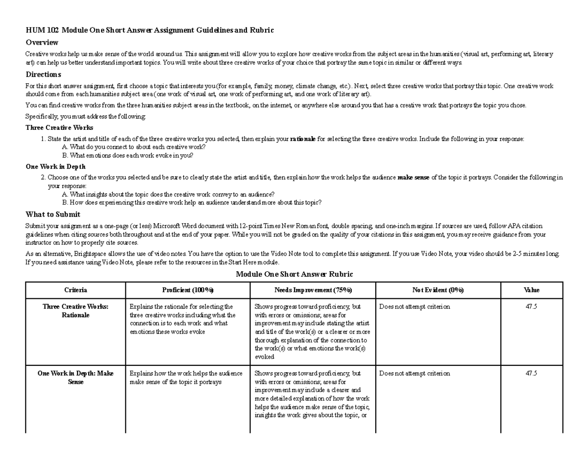 Assignment Information - HUM 102 Module One Short Answer Assignment ...
