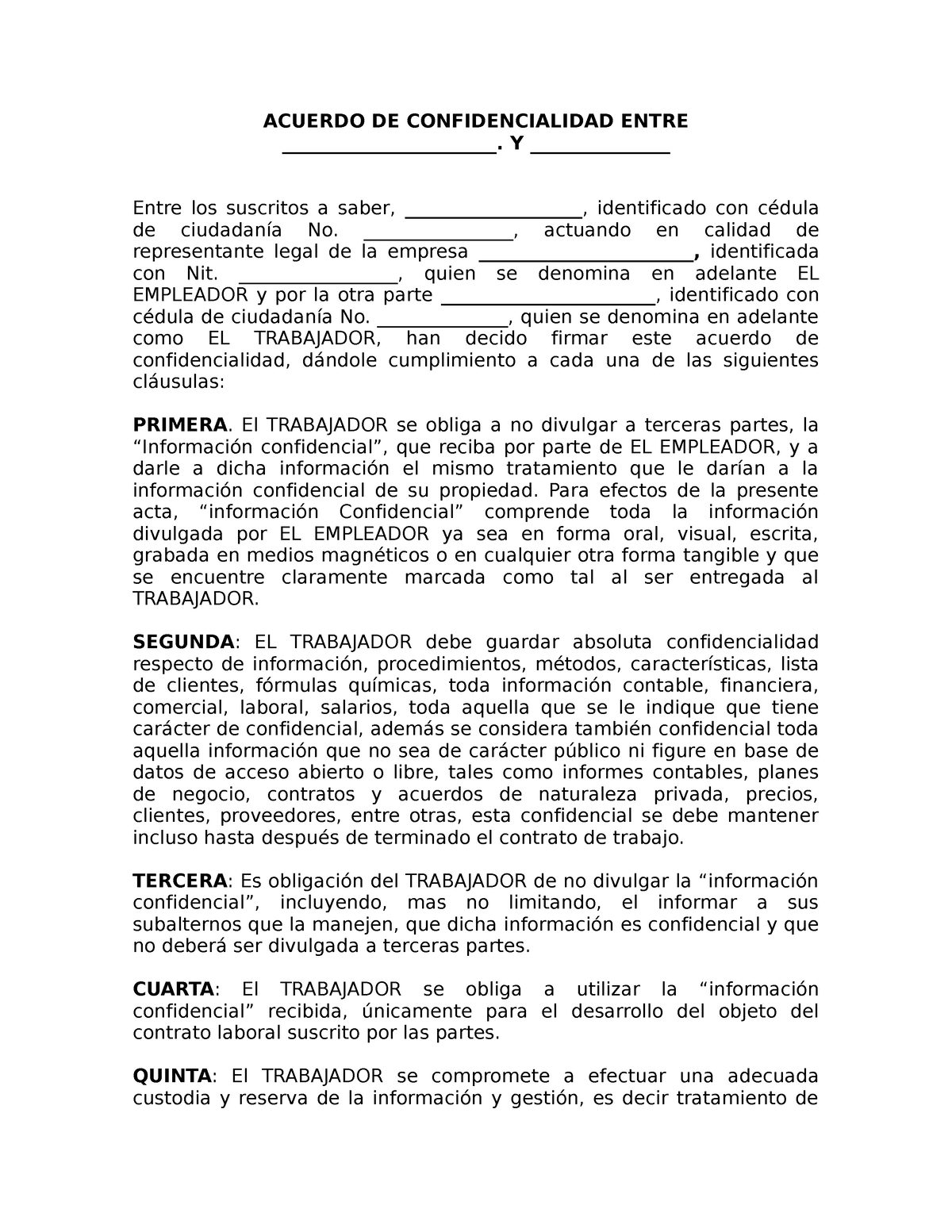 Modelo Acuerdo De Confidencialidad Acuerdo De Confidencialidad Entre 6838