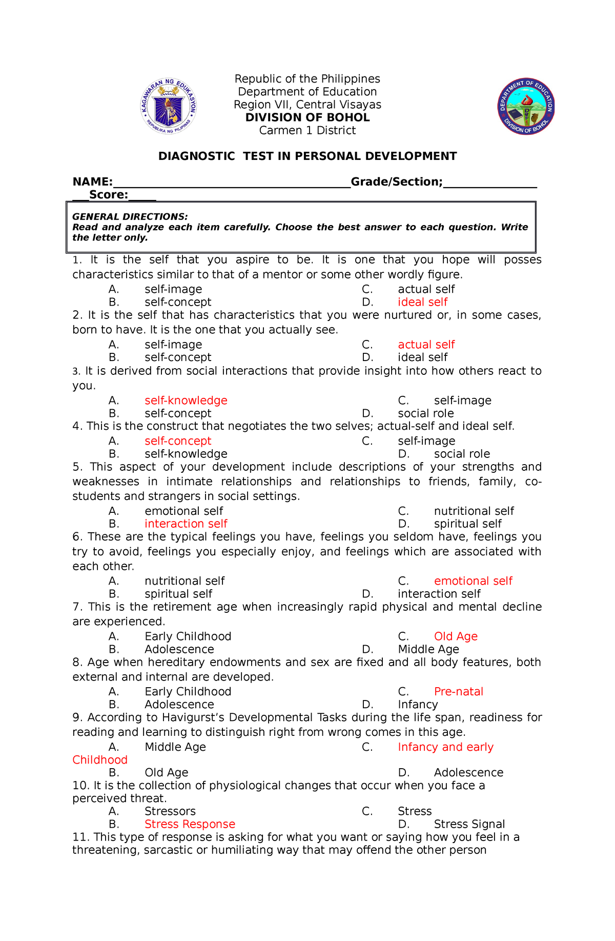 Diagnostic Test In Per Dev With Answers - Republic Of The Philippines ...