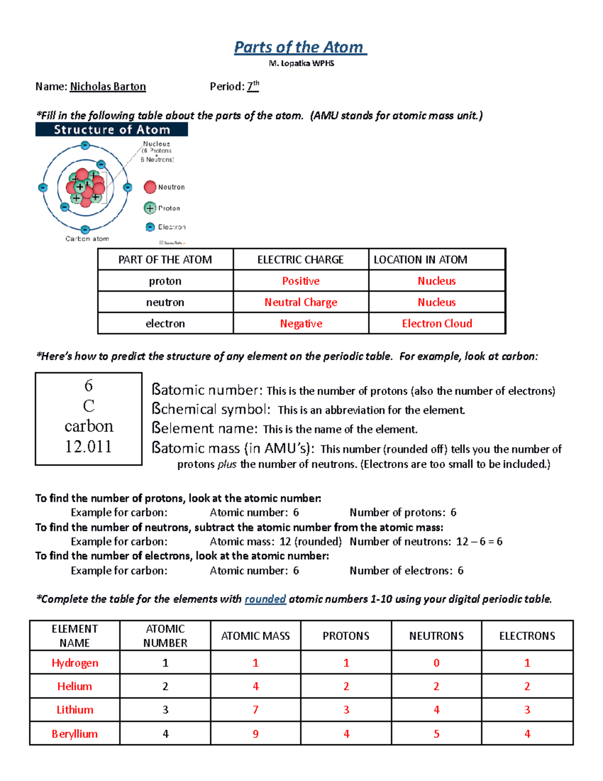 Atoms Worksheet - Chemistry Assignment - Parts Of The Atom M. Lopatka ...