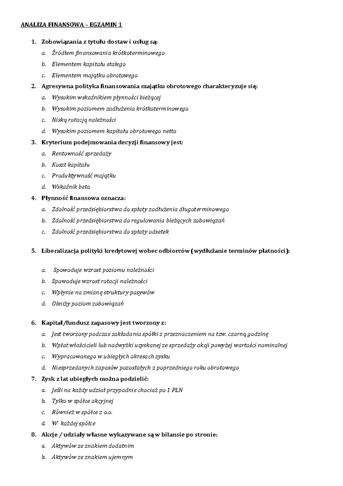 Pytania Egzaminacyjne, Analiza Finansowa - ANALIZA FINANSOWA – EGZAMIN ...