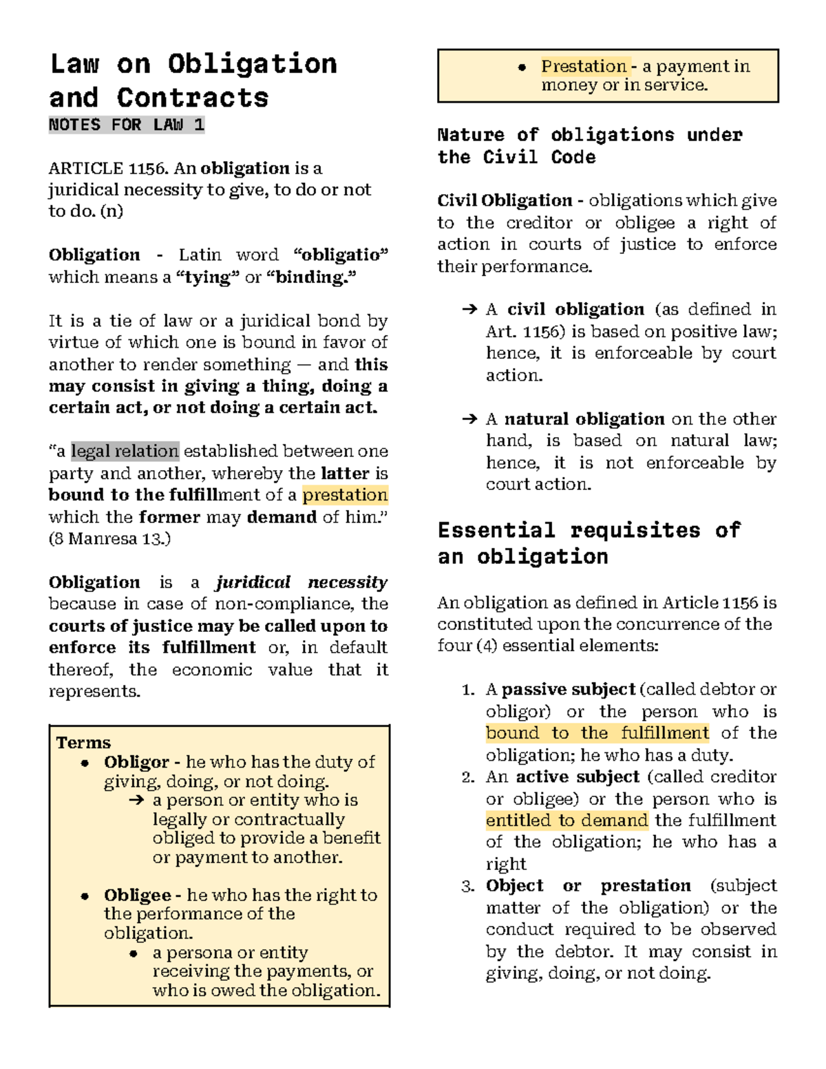 Oblicon - Lec Notes - Law On Obligation And Contracts NOTES FOR LAW 1 ...