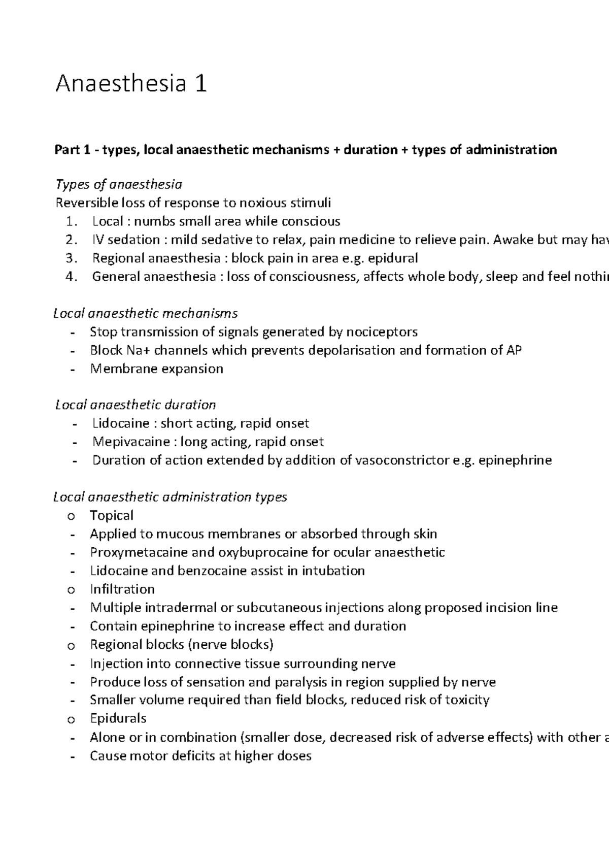 Anaesthesia Part 1 - Types of anaesthesia Reversible loss of response ...