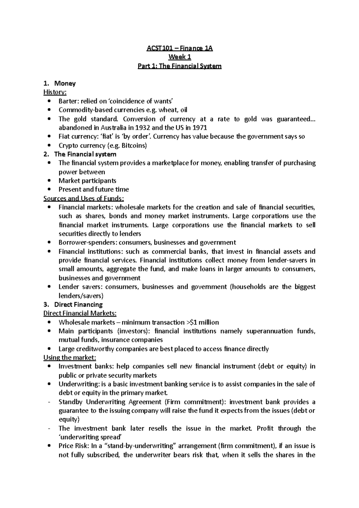 Week 1 - Lecture notes 1 - ACST101 – Finance 1A Week 1 Part 1: The ...