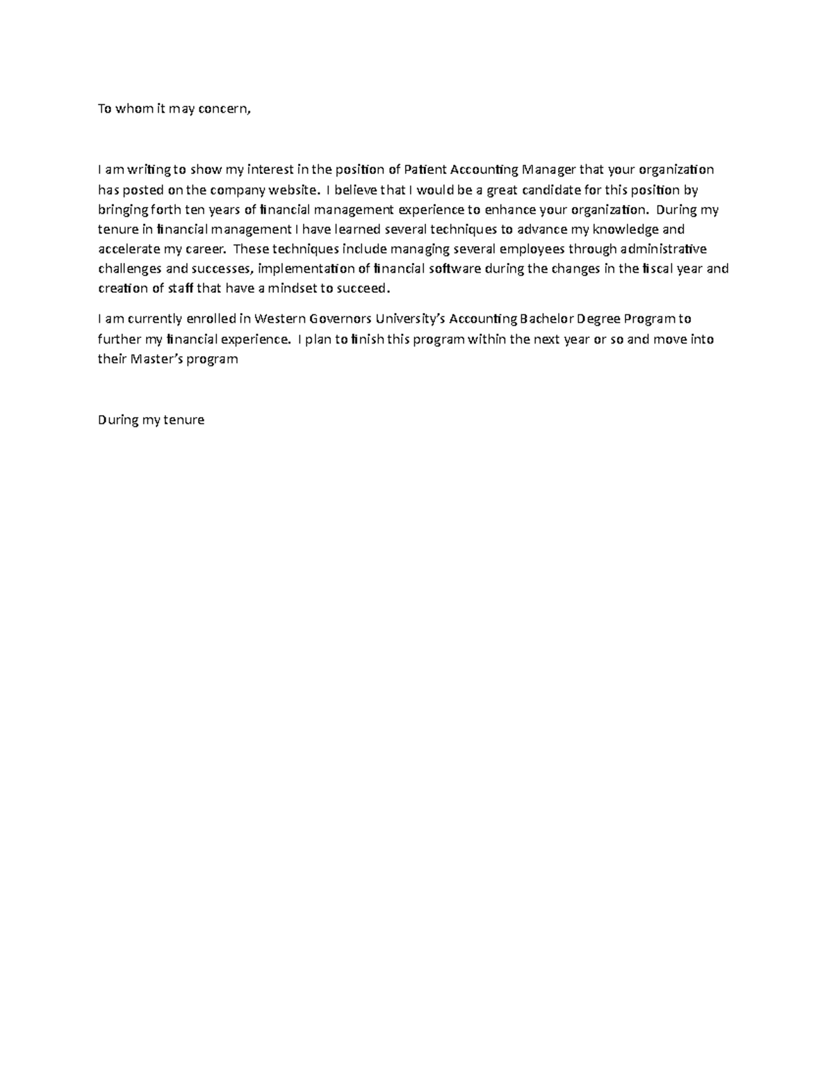 Business Communication C716 Cover Letter - To whom it may concern, I am ...