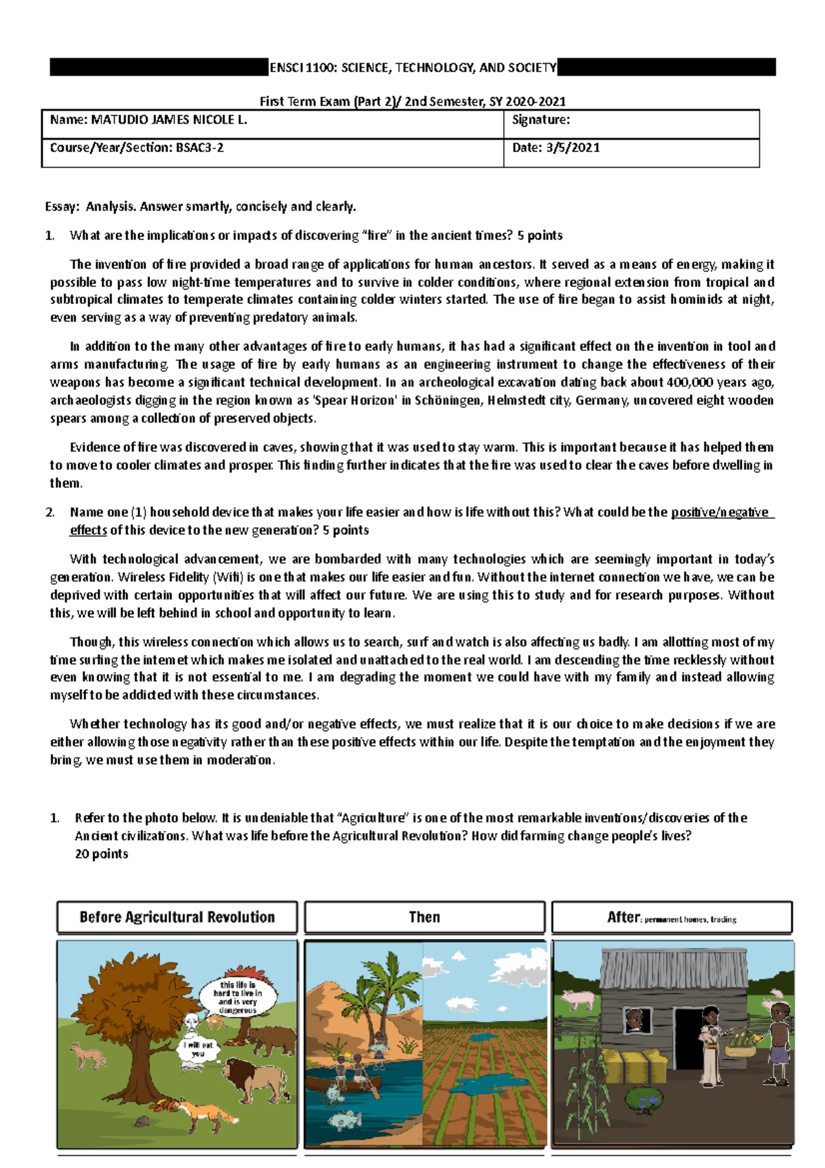 First Term Examination (Part II) STS - ENSCI 1100: SCIENCE, TECHNOLOGY ...
