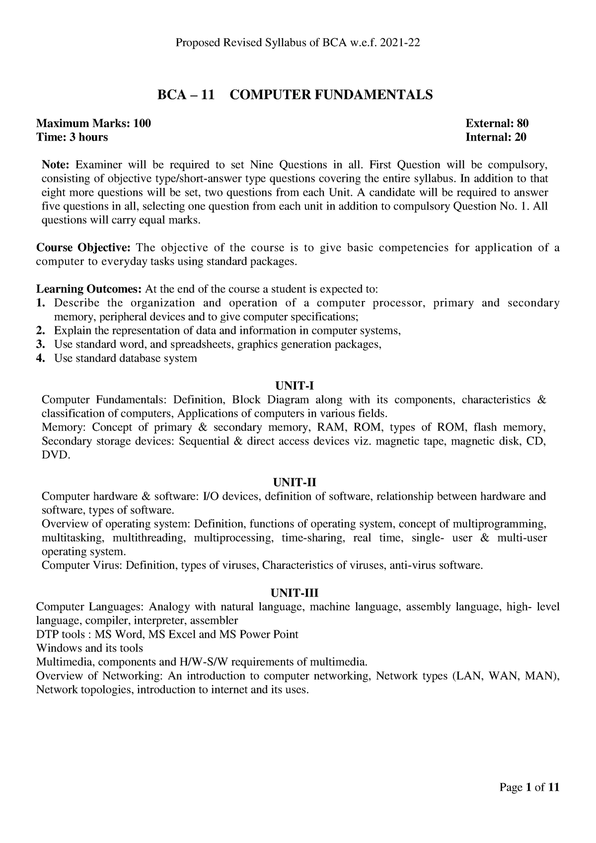 1st-year-syllabus-bca-11-computer-fundamentals-maximum-marks-100