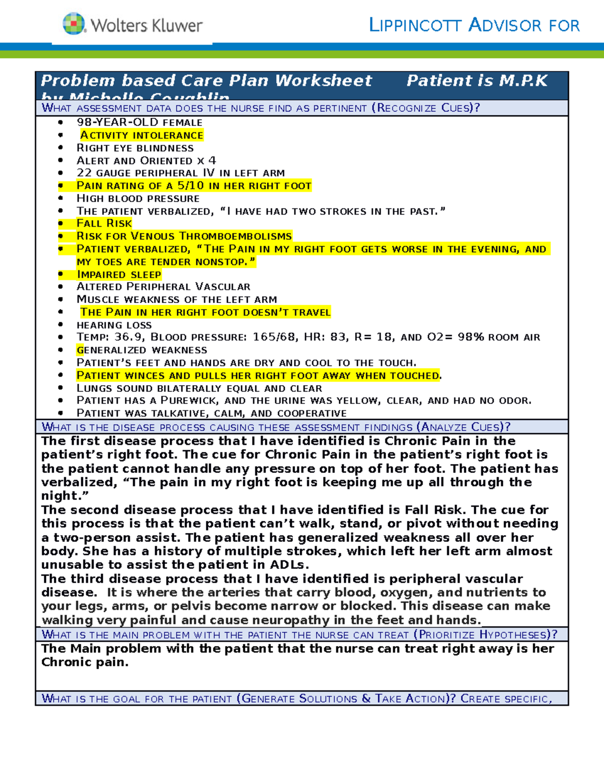 First Problem based Care Plan Worksheet - Problem based Care Plan ...