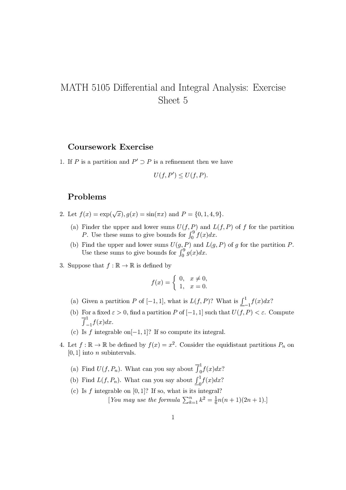 Course Worksheet 5 Differential And Integral Analysis Studocu