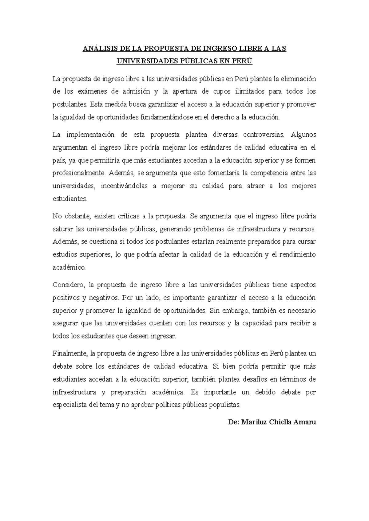 Propuesta de Ingreso Libre a las Universidades Públicas en Perú ...