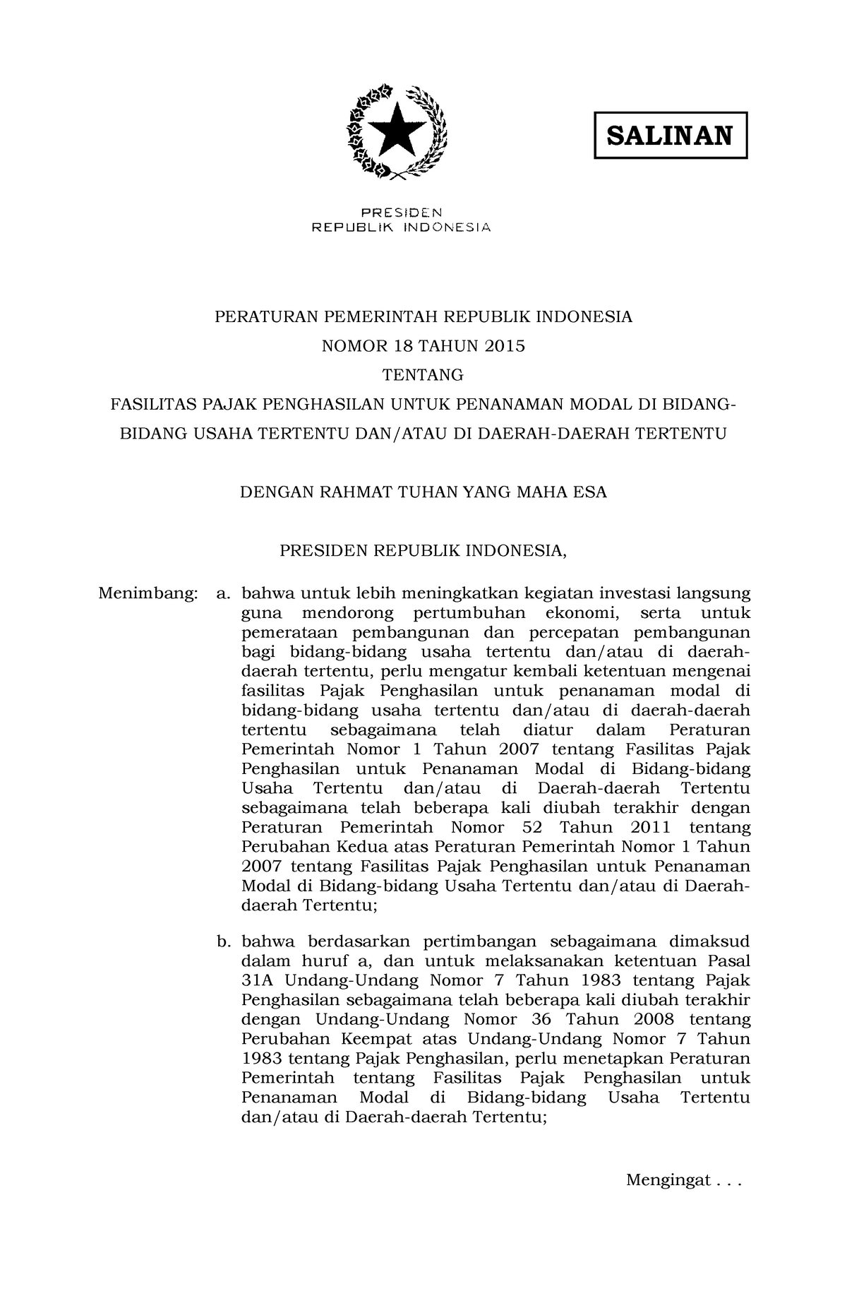 PP Nomor 18 Tahun 2015 (Tax Incentive) - SALINAN PERATURAN PEMERINTAH ...