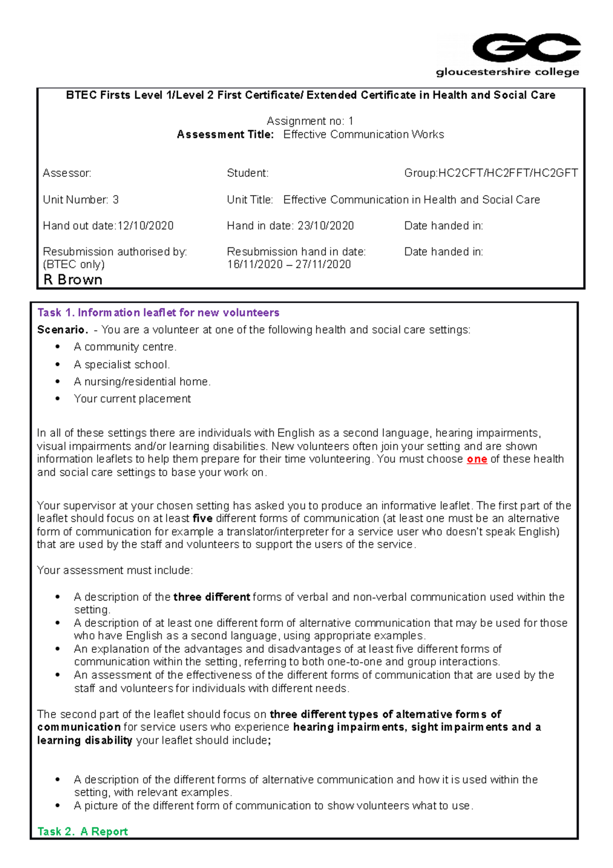 btec assignment brief health and social care