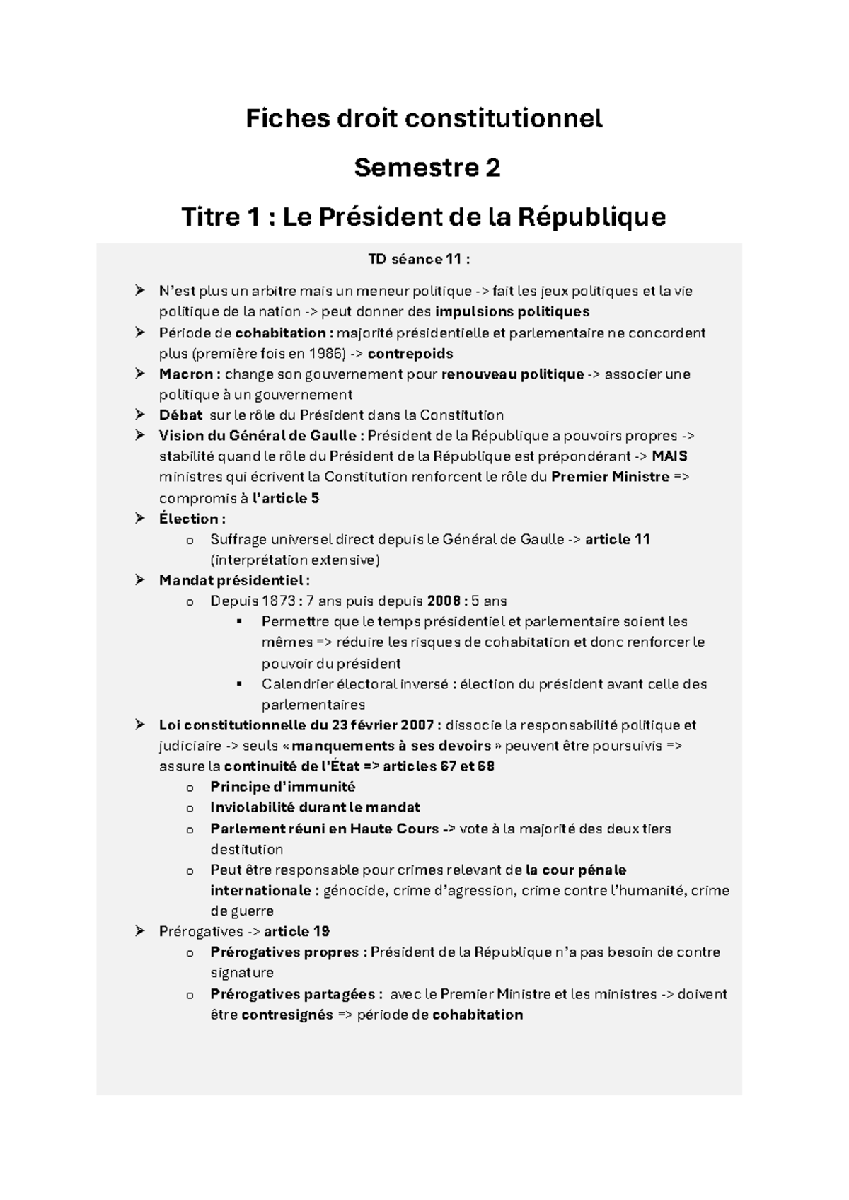 Fiches Td Constit S2 - Fiches Droit Constitutionnel Semestre 2 Titre 1 ...