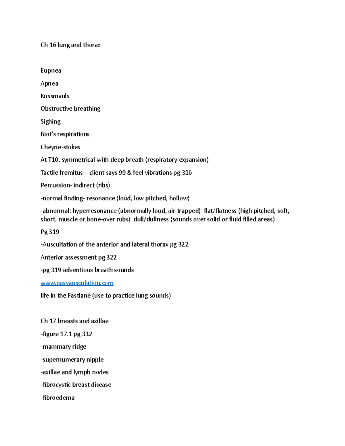 Week 3 PA - notes for PA - Ch 16 lung and thorax Eupnea Apnea Kussmauls ...