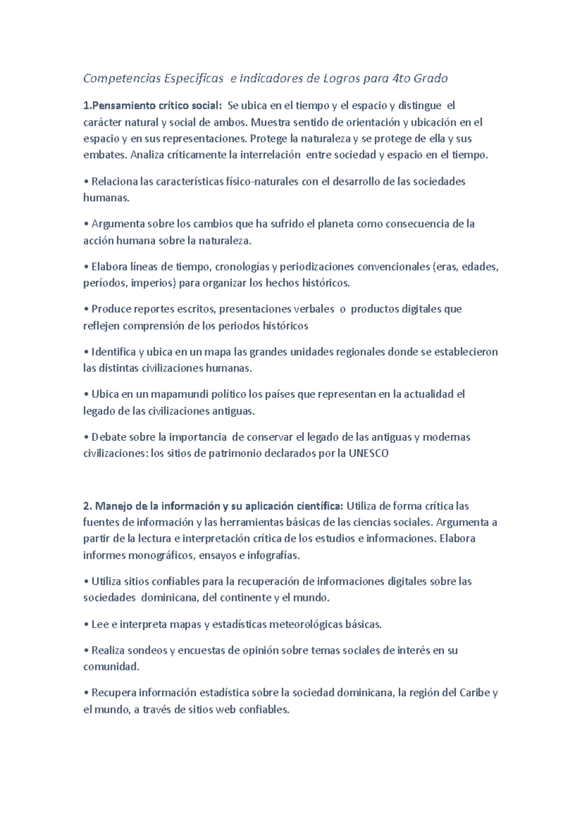 Competencias Específicas e Indicadores de Logros para 4to Grado ...