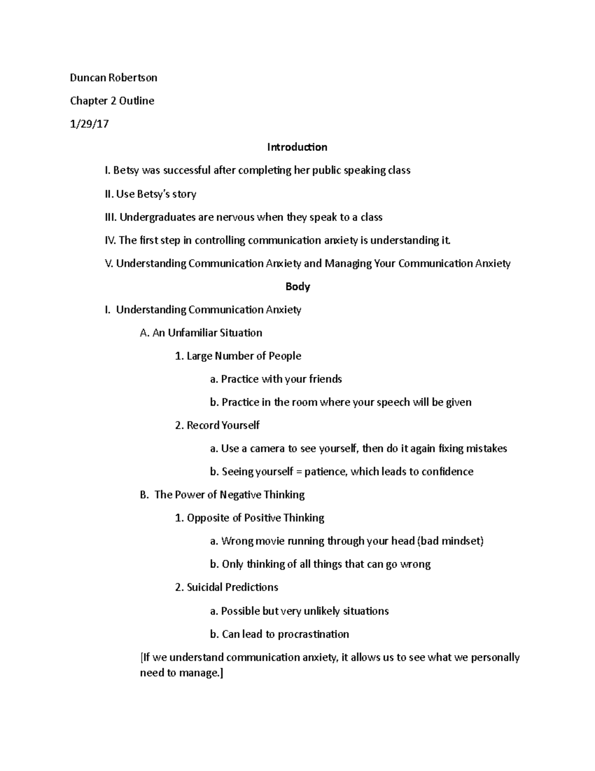 Public speaking ch 2 outline - Duncan Robertson Chapter 2 Outline 1/29 ...